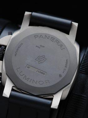 Back side of the Panerai Luminor Marina Pam01662 44mm watch case.