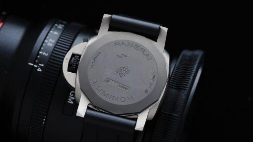 Back side of the Panerai Luminor Marina Pam01662 44mm watch case.