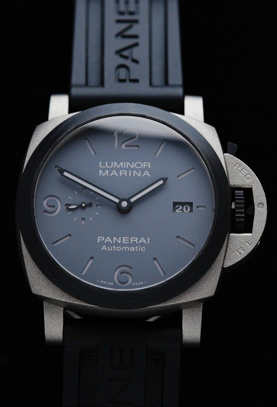 Panerai Luminor Marina Pam01662 44mm watch featured under white light.