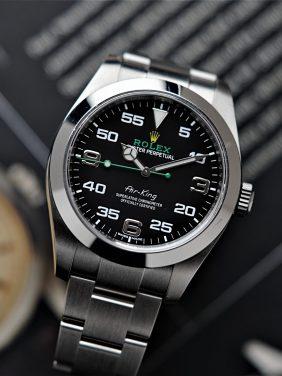 Rolex Air King Gen 1 watch pictured on an angle.