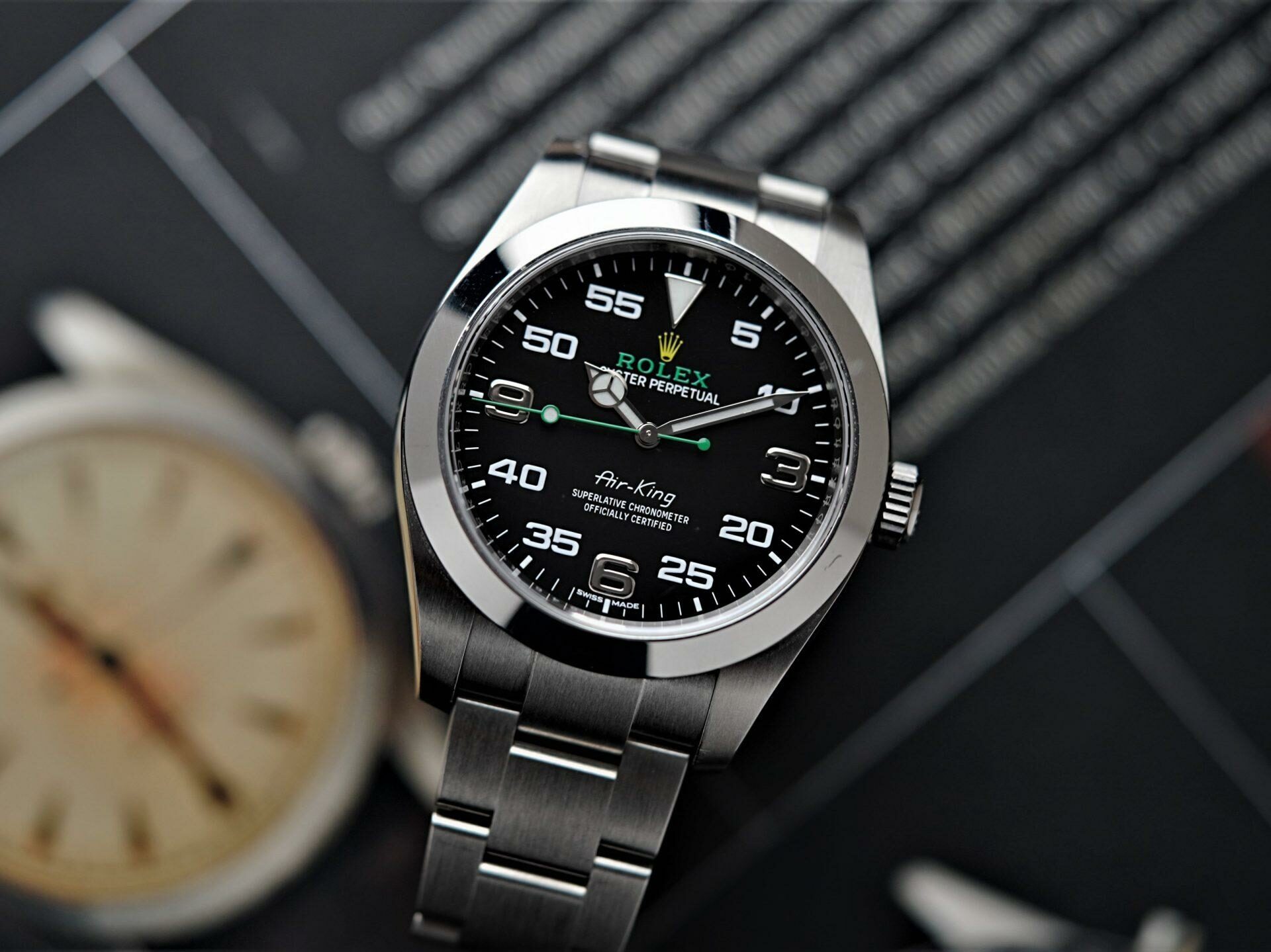 Rolex Air King Gen 1 watch pictured on an angle.