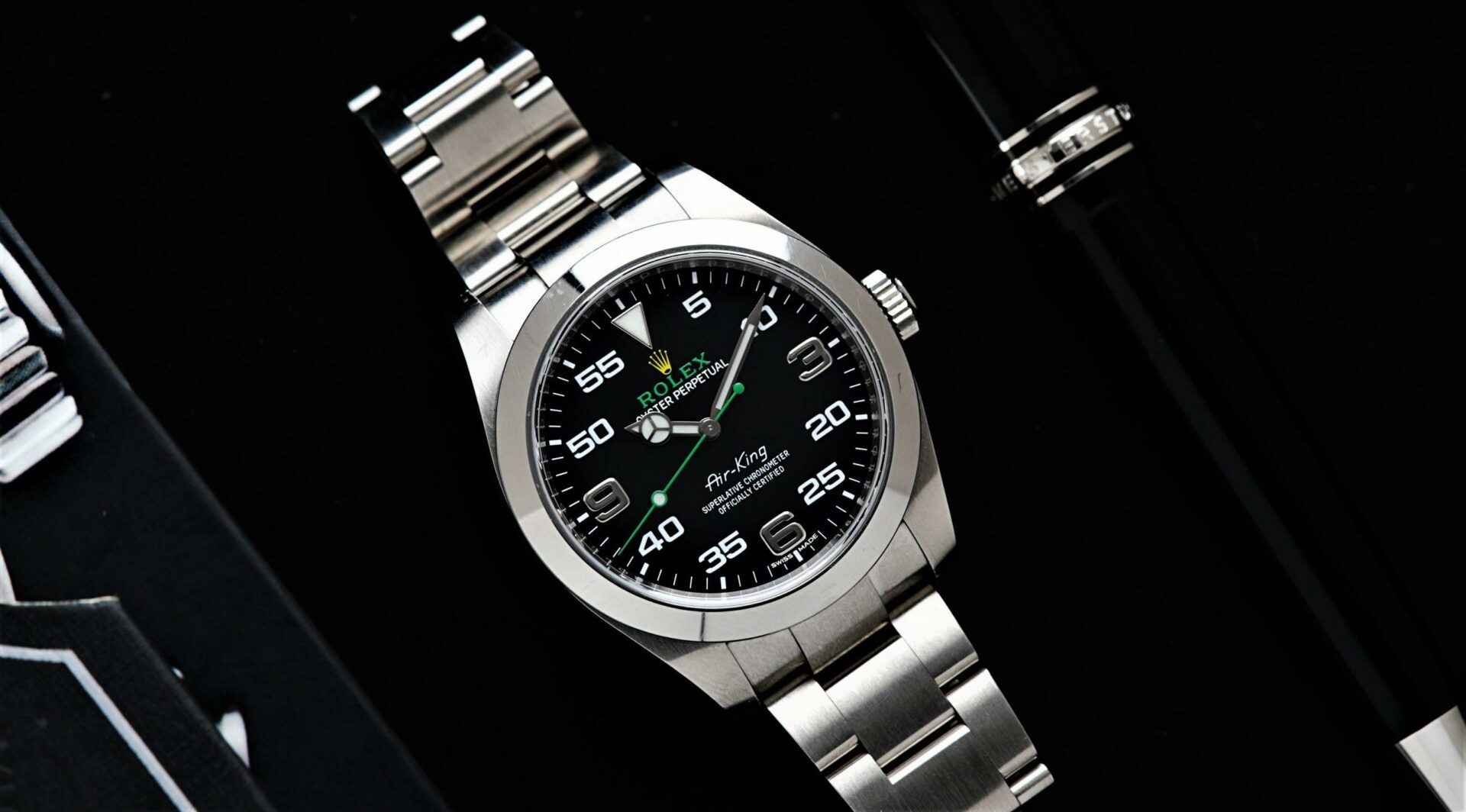Rolex Air King Gen 1 watch pictured on an angle under white lighting.