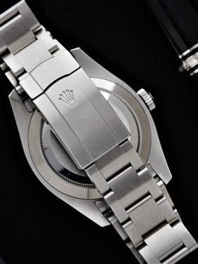 Back side and bracelet of the Rolex Air King Gen 1 watch.