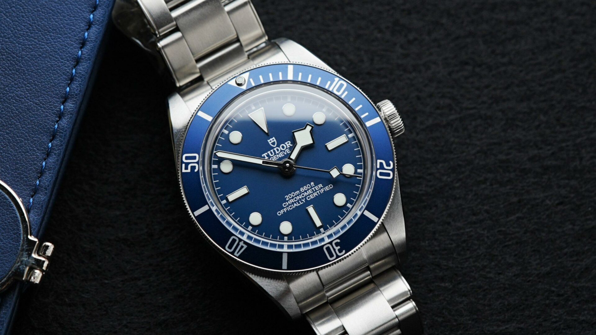 Tudor Black Bay Fifty-Eight featured under white light angle shot.