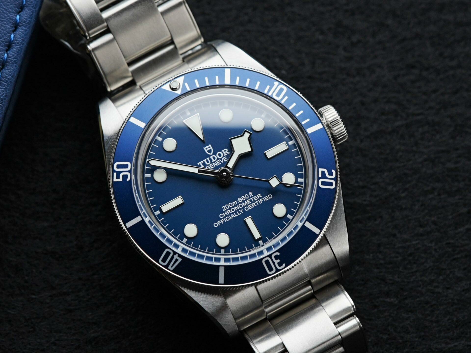 Tudor Black Bay Fifty-Eight featured under white light angle shot.