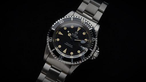 Angle shot of the Tudor Submariner Lollipop Hands Perfect Patina 76100 watch.