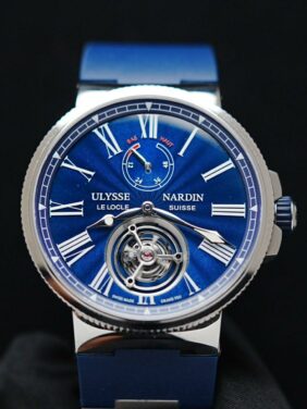 Ulysse Nardin Marine Tourbillon watch featured under white lighting.