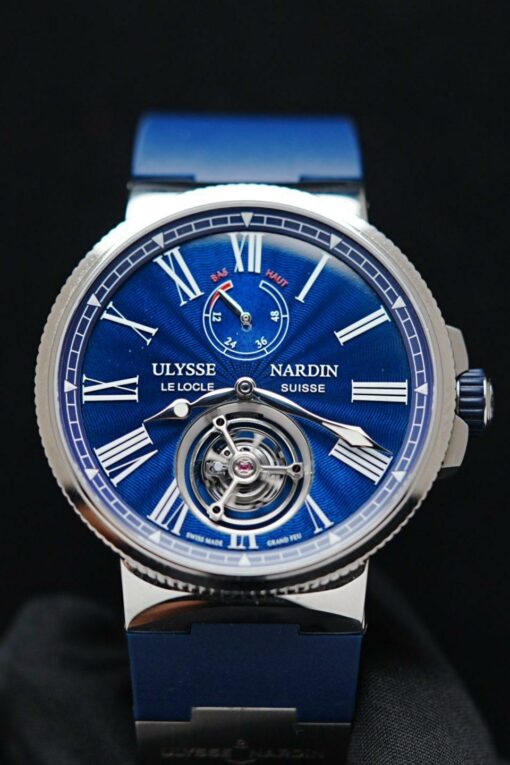 Ulysse Nardin Marine Tourbillon watch featured under white lighting.