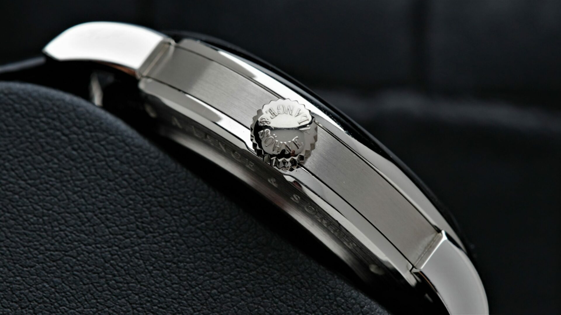 Side shot showing case and crown on the A. Lange & Söhne Richard Lange Platinum watch.