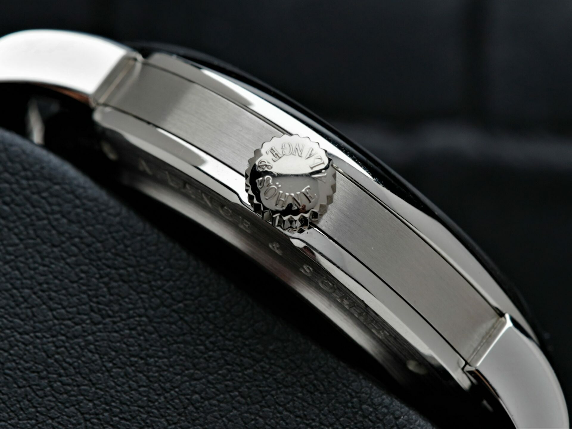 Side shot showing case and crown on the A. Lange & Söhne Richard Lange Platinum watch.