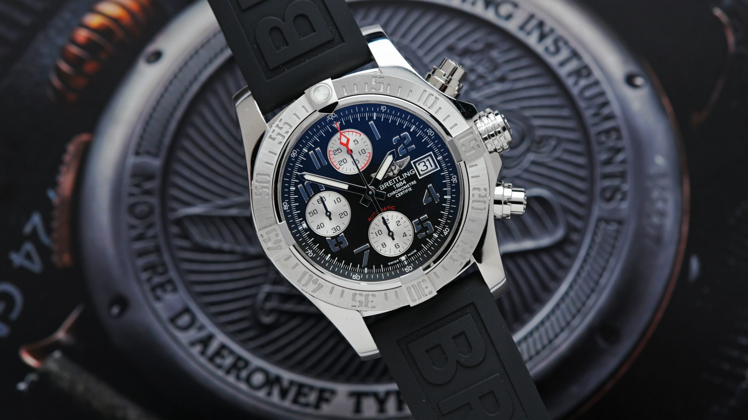 Breitling Avenger II watch displayed on an angle.