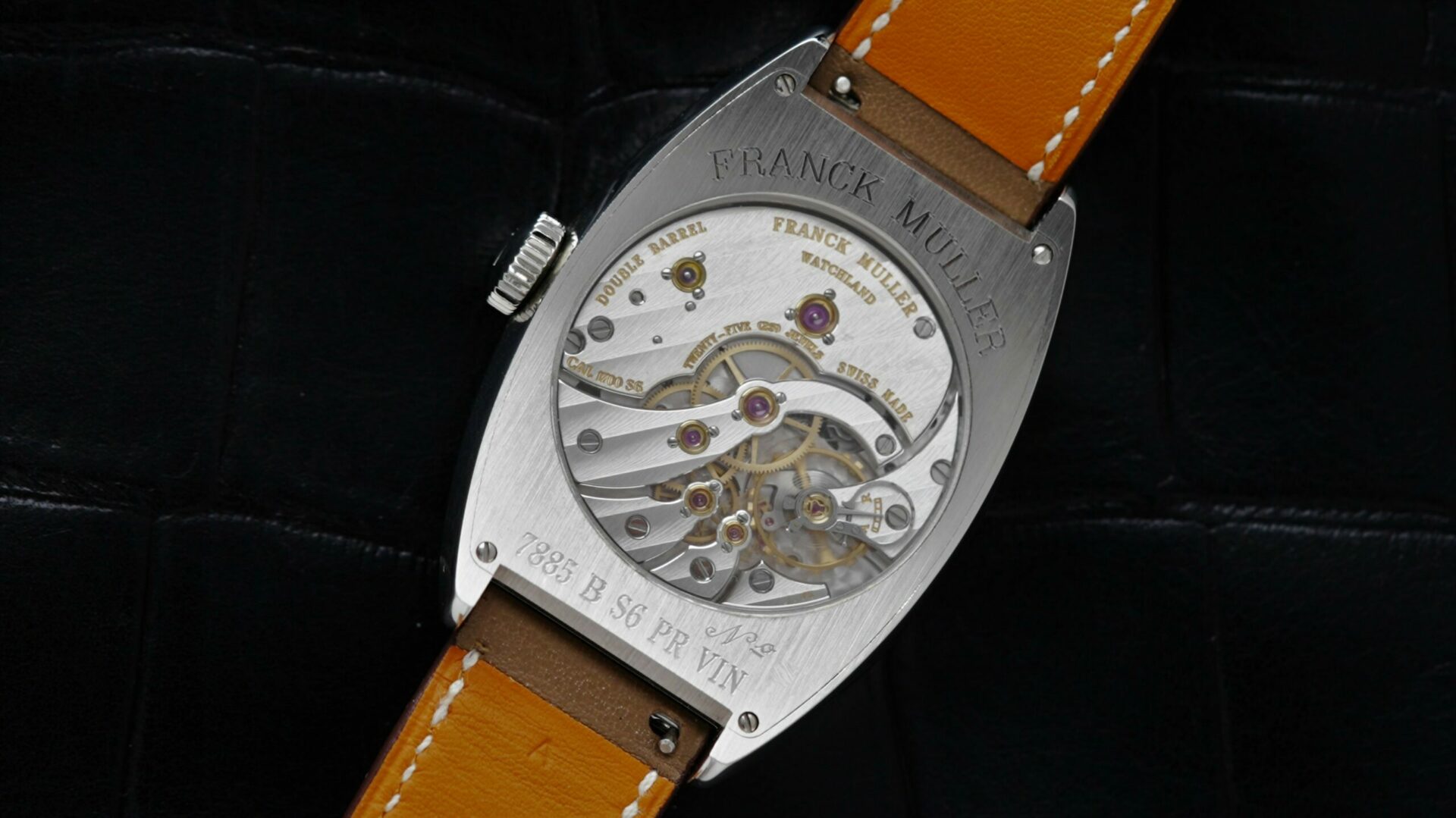 Back side of the Franck Muller Vintage Curvex 7 Day Reserve watch.