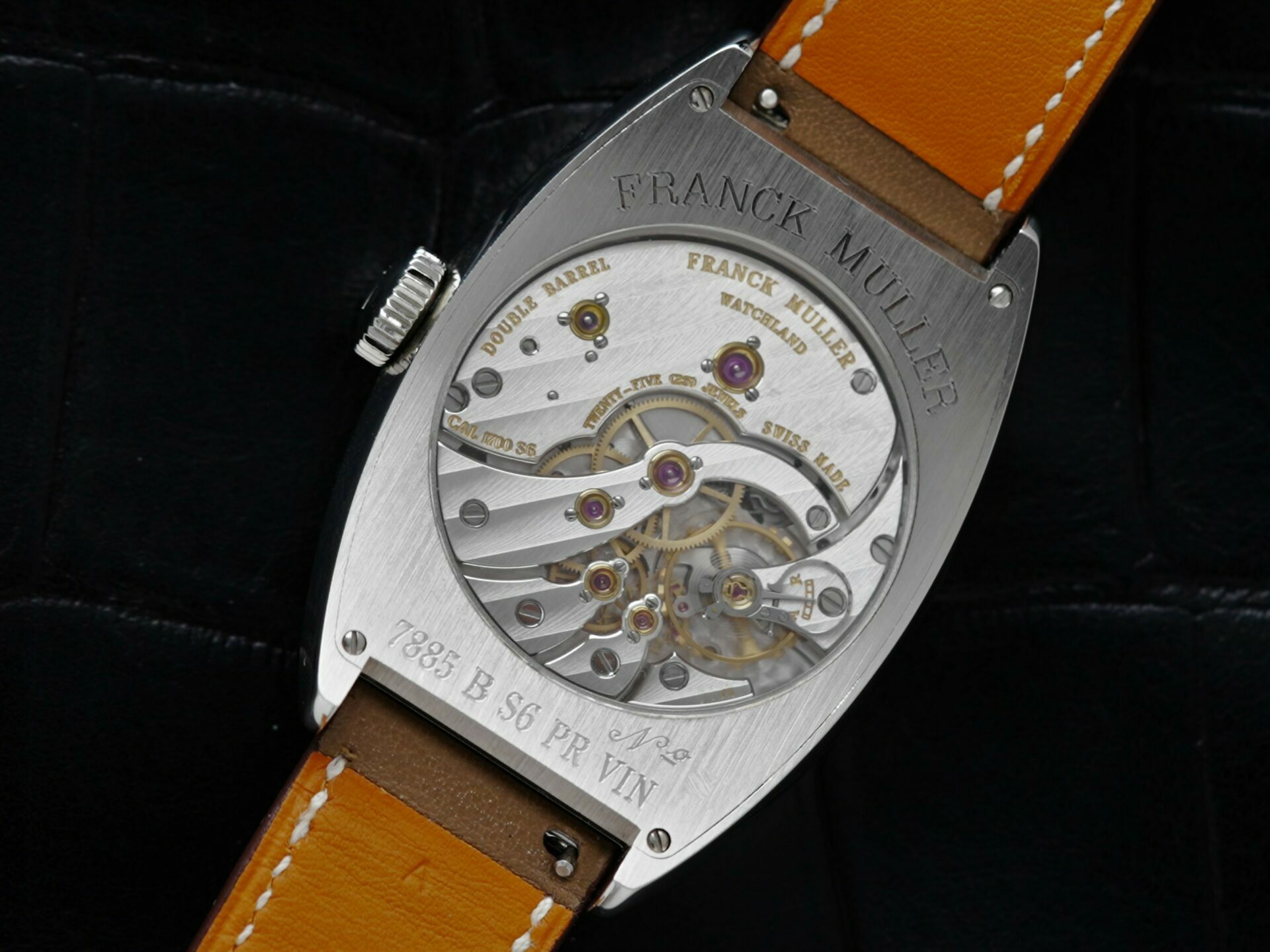 Back side of the Franck Muller Vintage Curvex 7 Day Reserve watch.