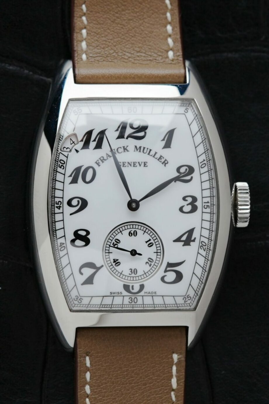 Franck Muller Vintage Curvex 7 Day Reserve watch featured under white lighting.