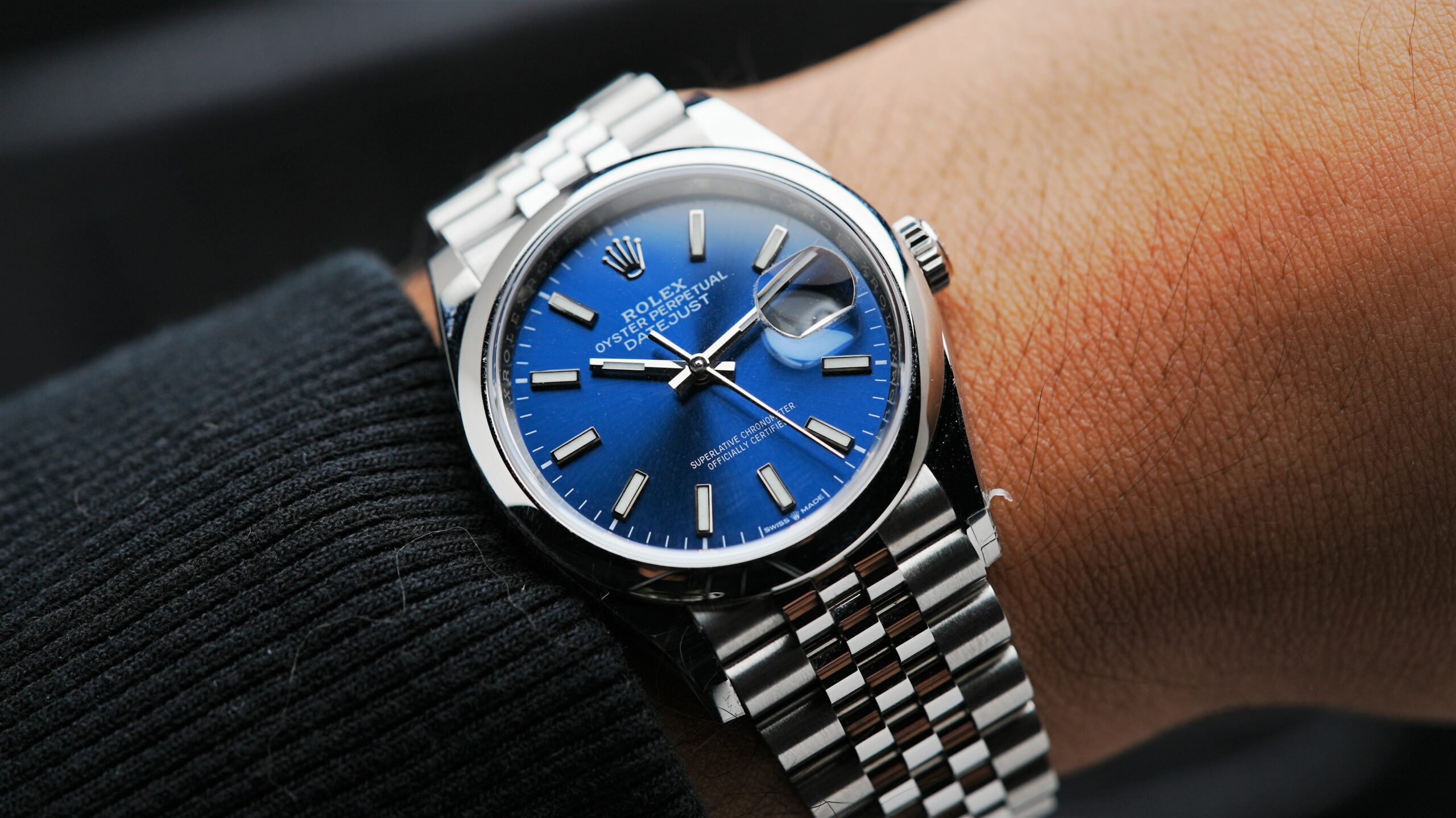 Rolex Datejust 36 Blue 2022 watch displayed on the wrist.