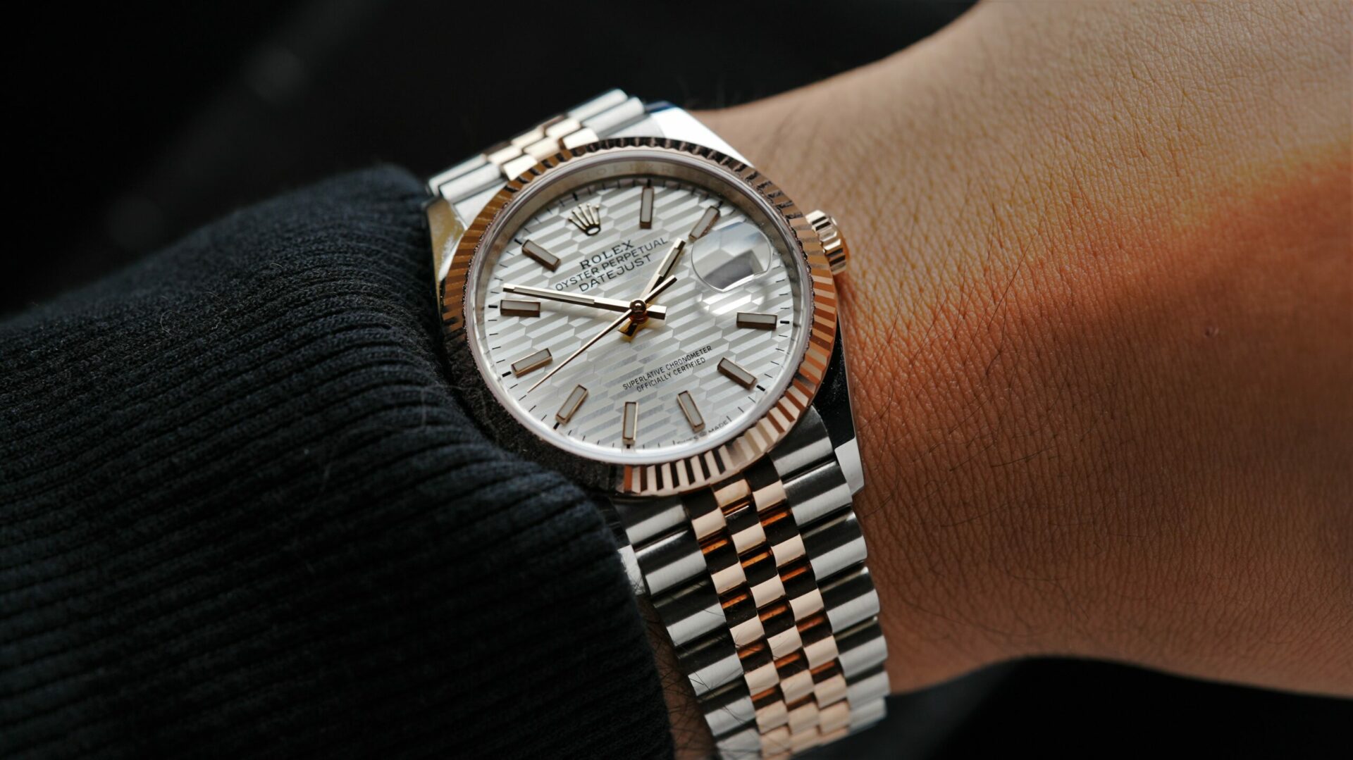 Rolex Datejust 36 Motif Rose Gold 2022 watch wrist shot.
