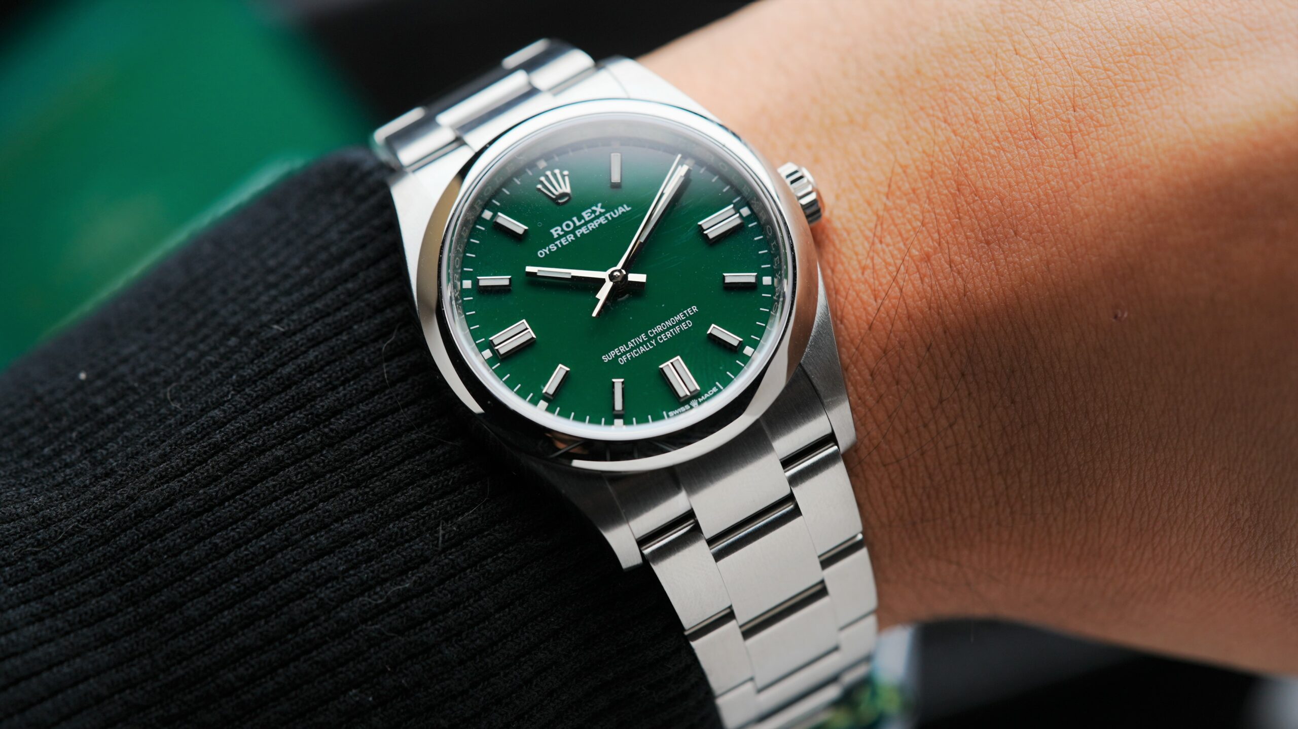 Rolex Oyster Perpetual 36 Green 2022 watch wrist shot.