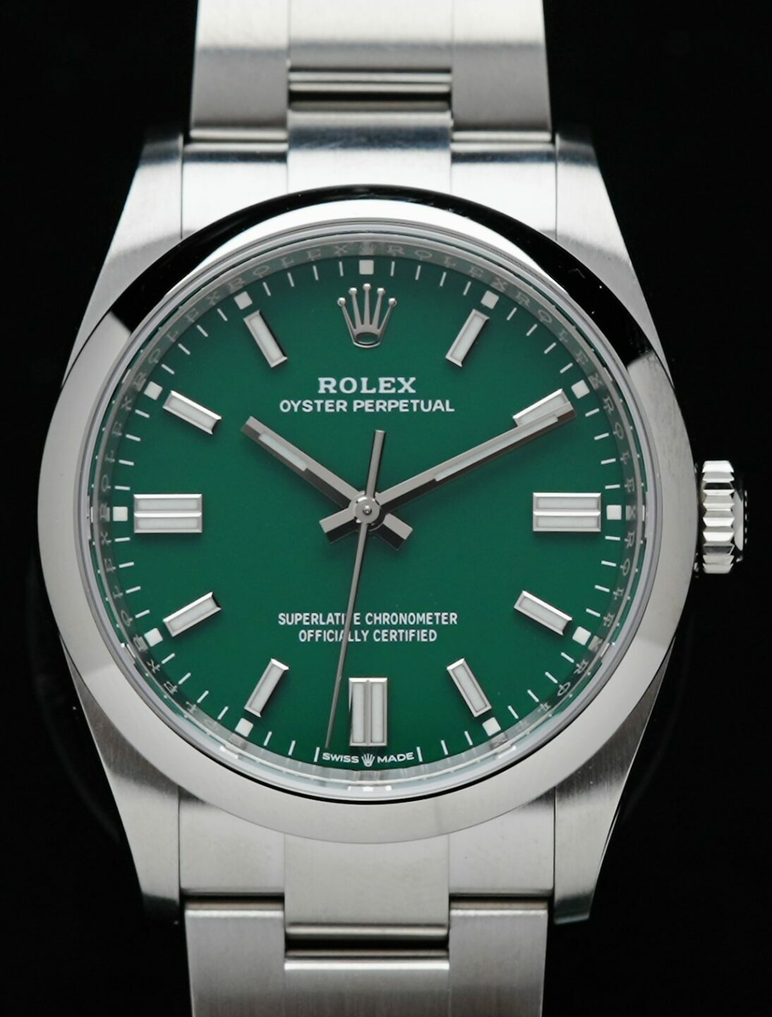 Rolex Oyster Perpetual 36 Green 2022 watch featured under white lighting.