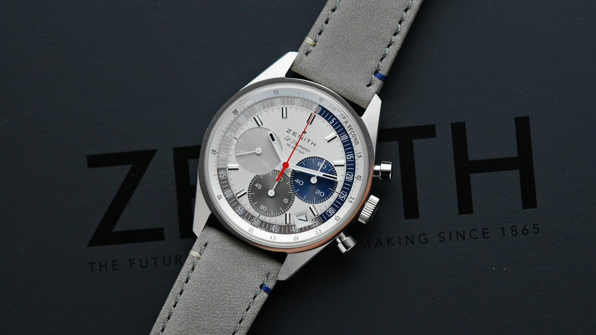 Zenith Chronomaster Original Striking 10th watch displayed on an angle.