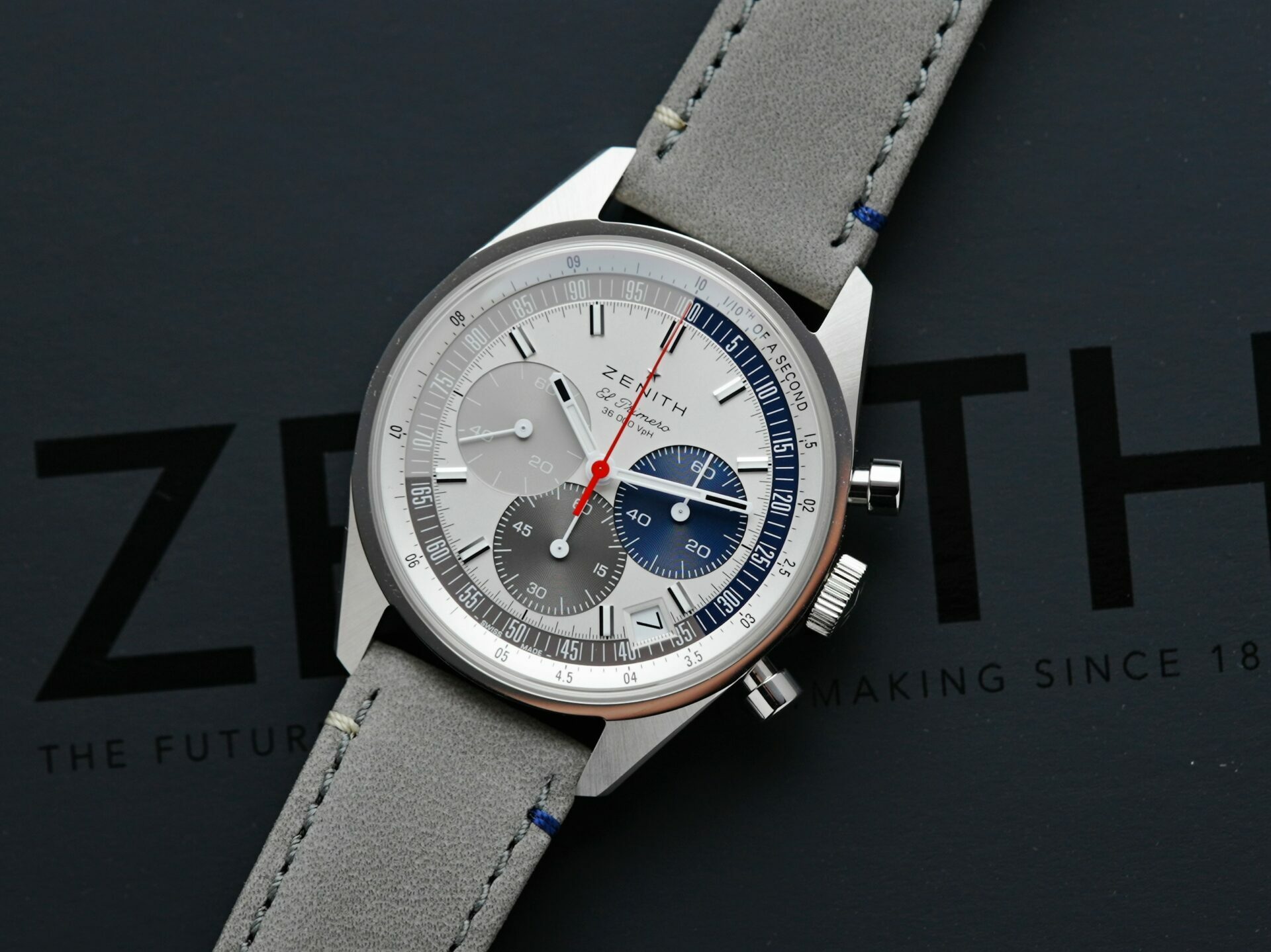 Zenith Chronomaster Original Striking 10th watch displayed on an angle.