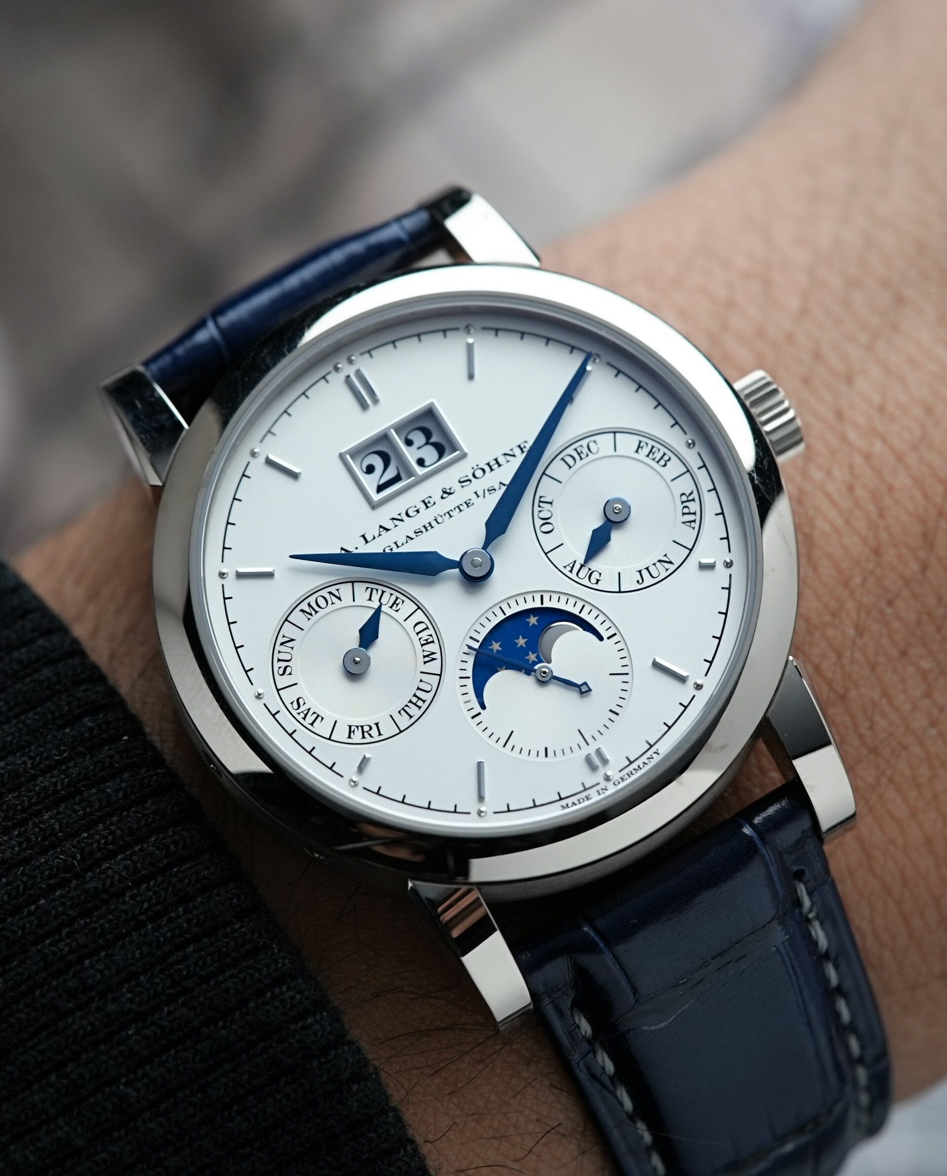 A. Lange & Söhne Saxonia Annual Calendar watch being displayed on the wrist.