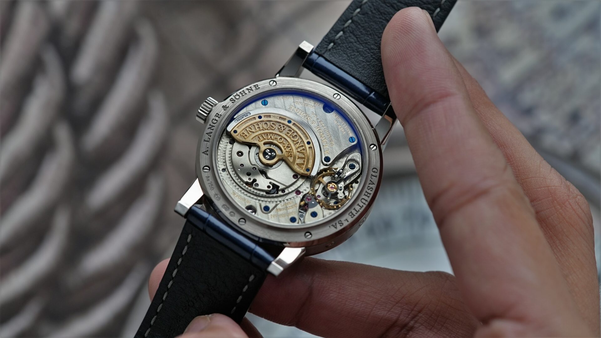 Exhibition caseback on the A. Lange & Söhne Saxonia Annual Calendar watch.