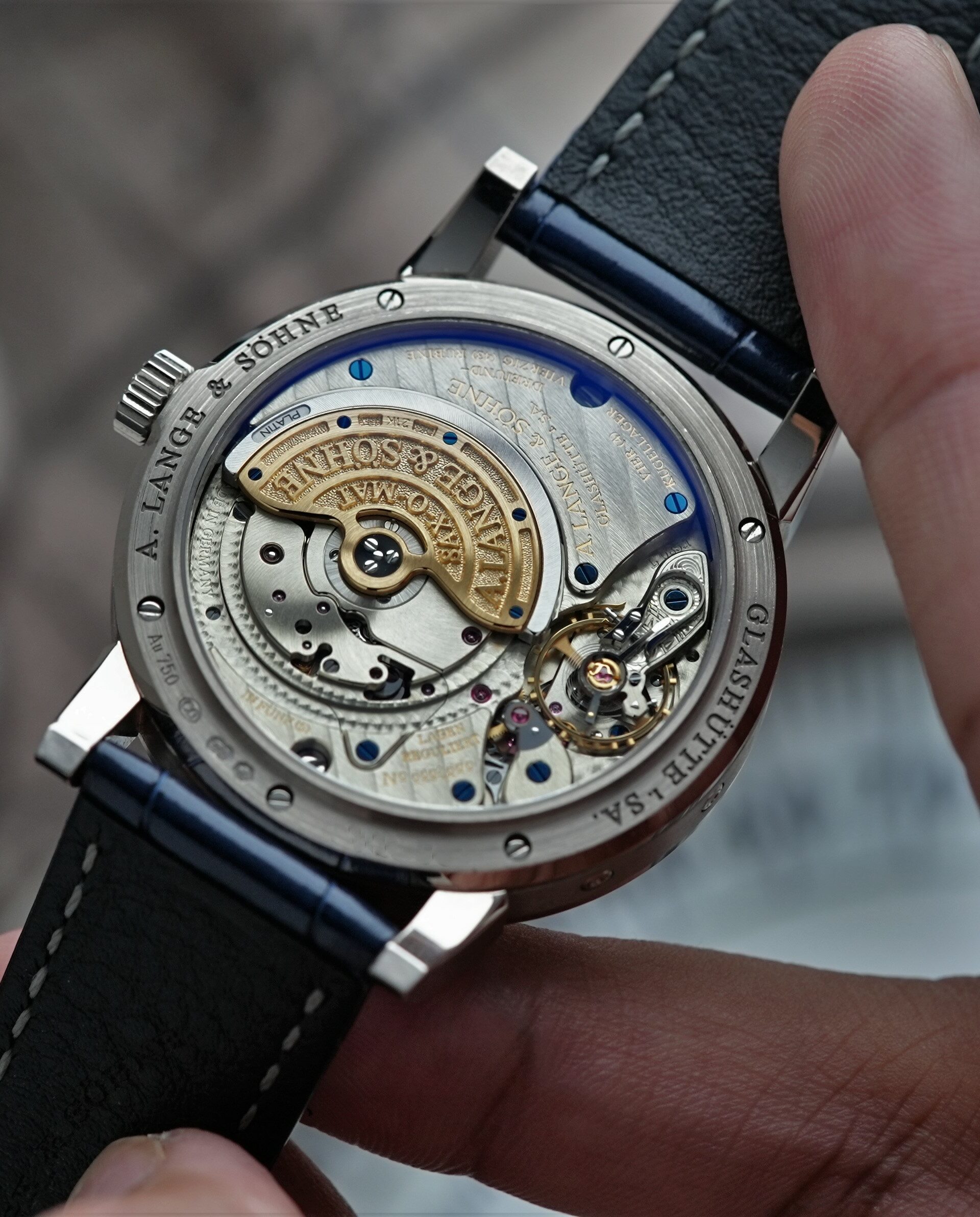 Exhibition caseback on the A. Lange & Söhne Saxonia Annual Calendar watch.