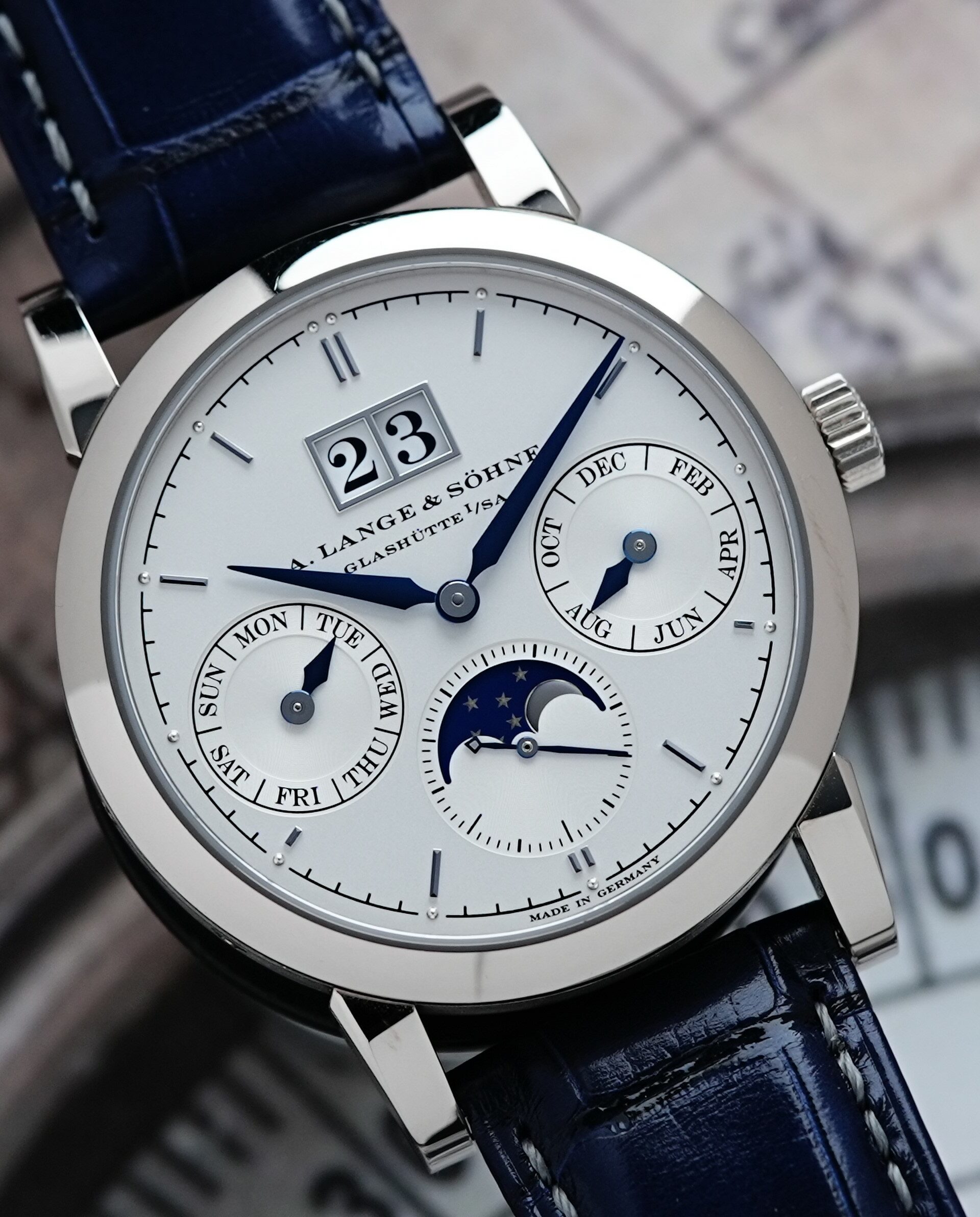 Side angle image of the A. Lange & Söhne Saxonia Annual Calendar watch.