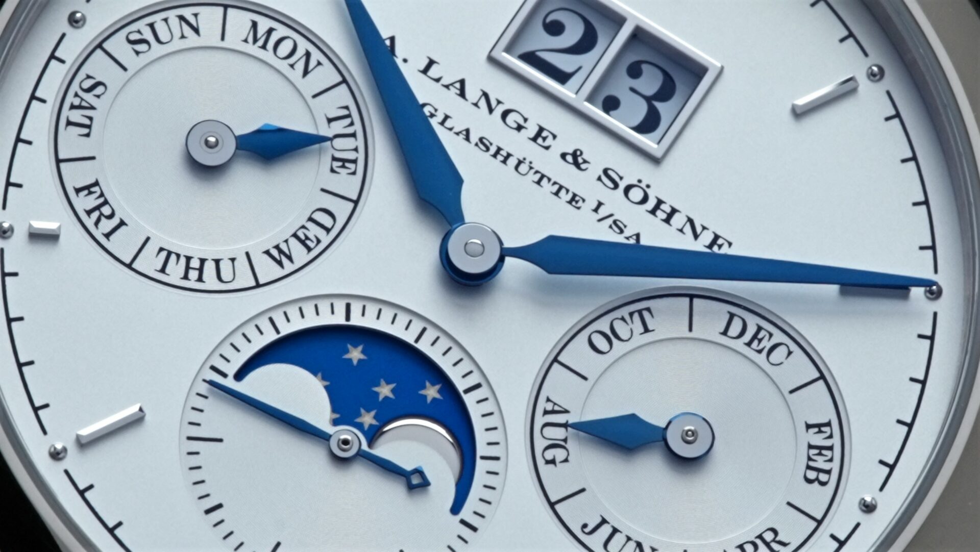 Close up shot of the dial for the A. Lange & Söhne Saxonia Annual Calendar watch.