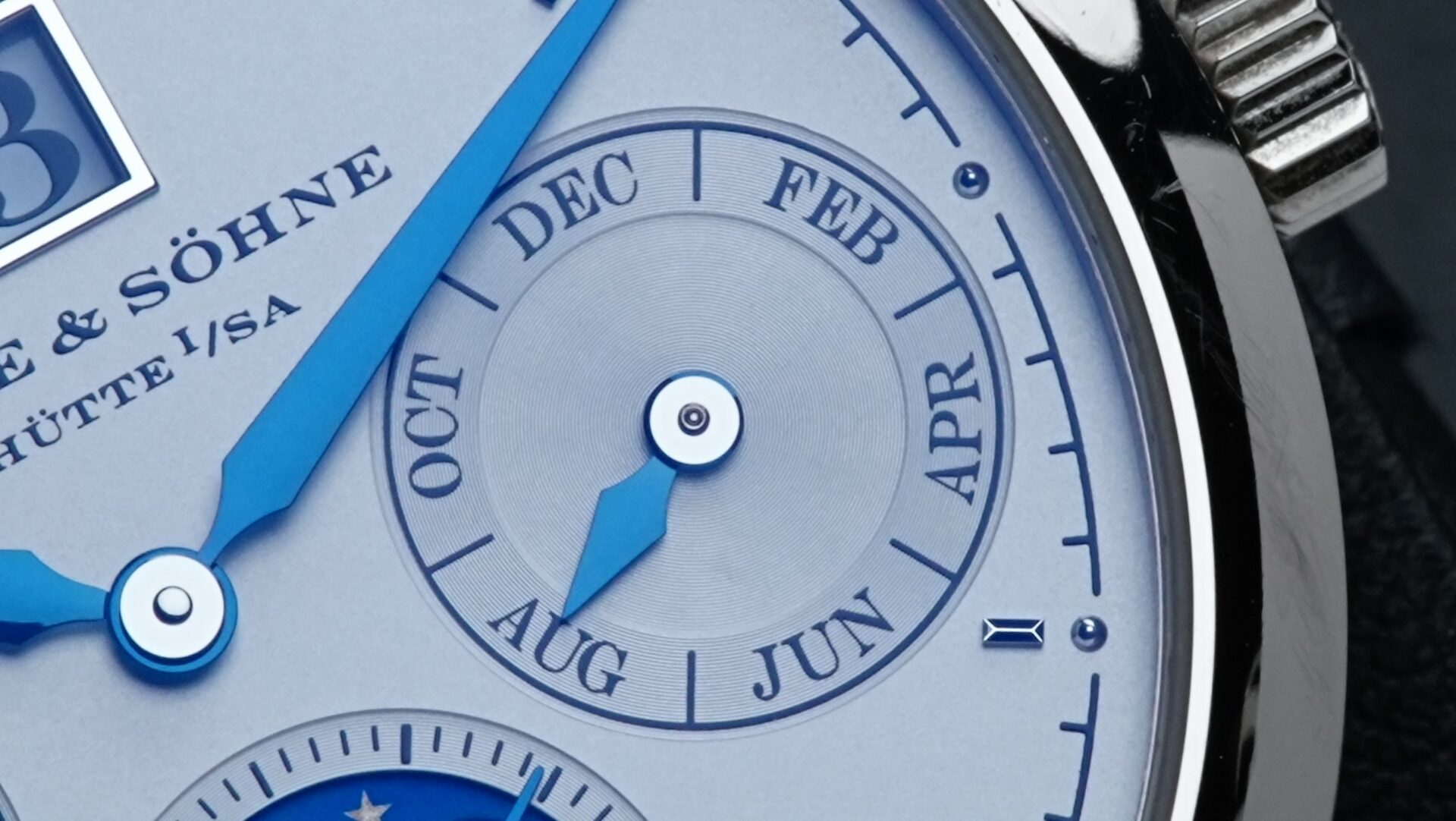 Macro shot of the dial on the A. Lange & Söhne Saxonia Annual Calendar watch.