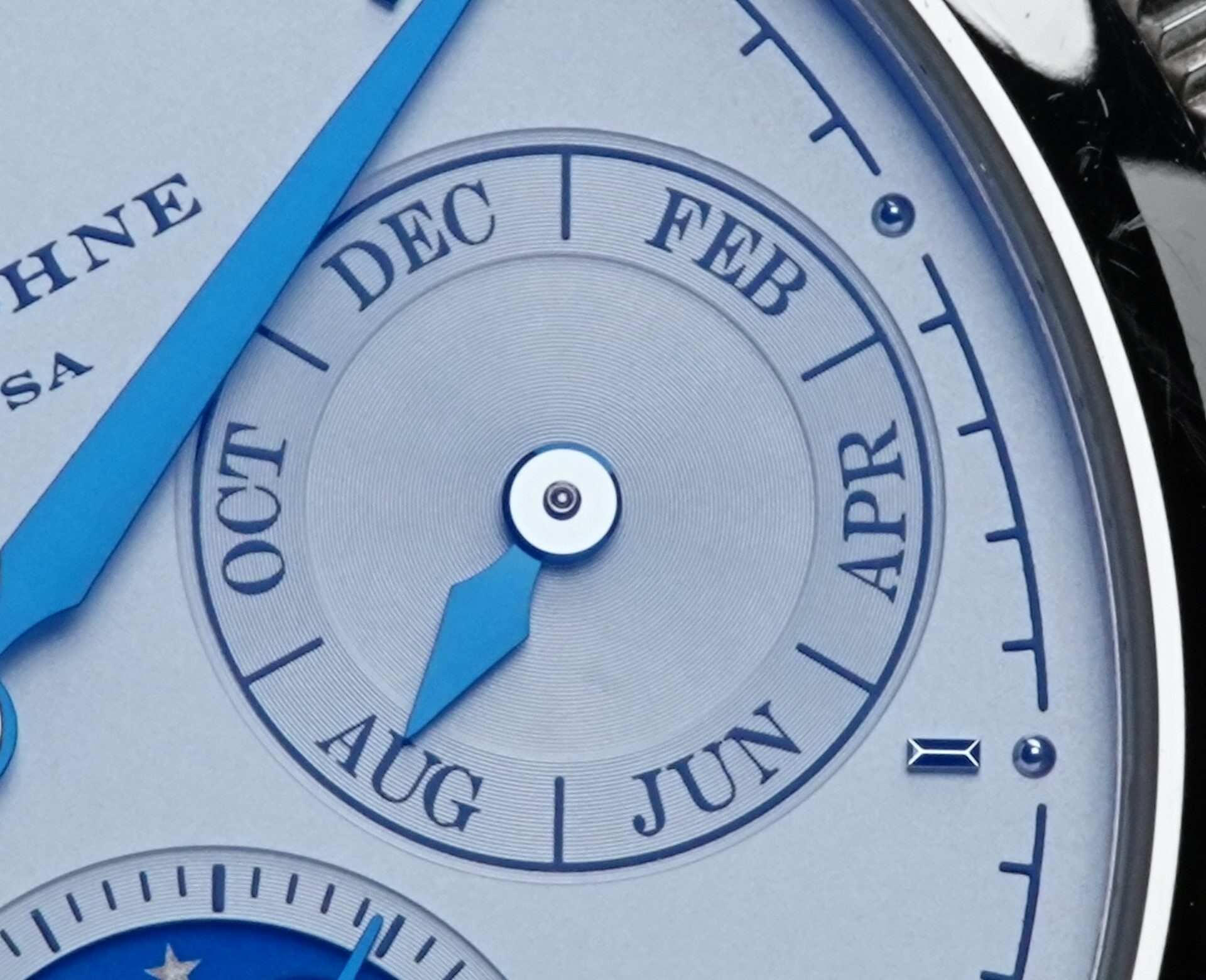 Macro shot of the dial on the A. Lange & Söhne Saxonia Annual Calendar watch.