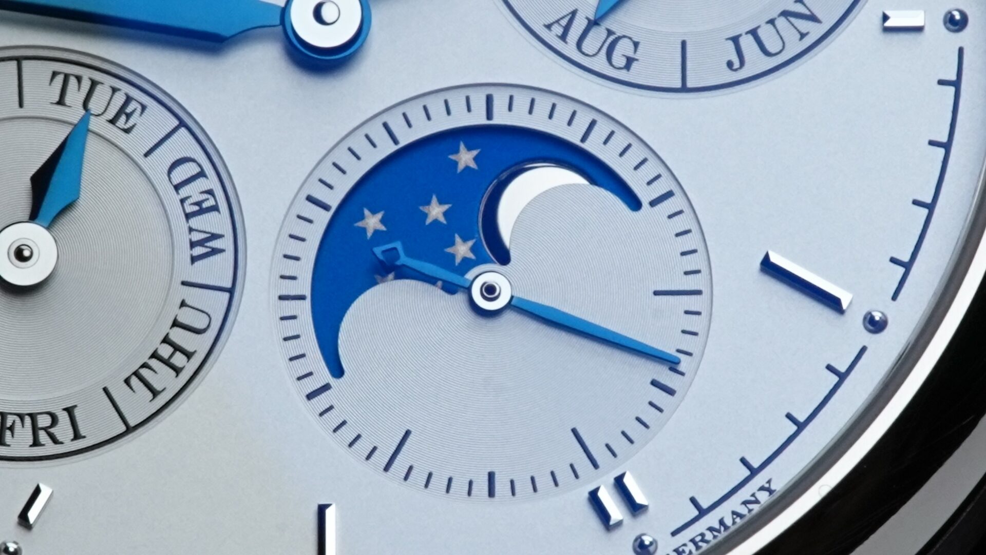 Zoomed in image of the moonphase on the dial of the A. Lange & Söhne Saxonia Annual Calendar watch.