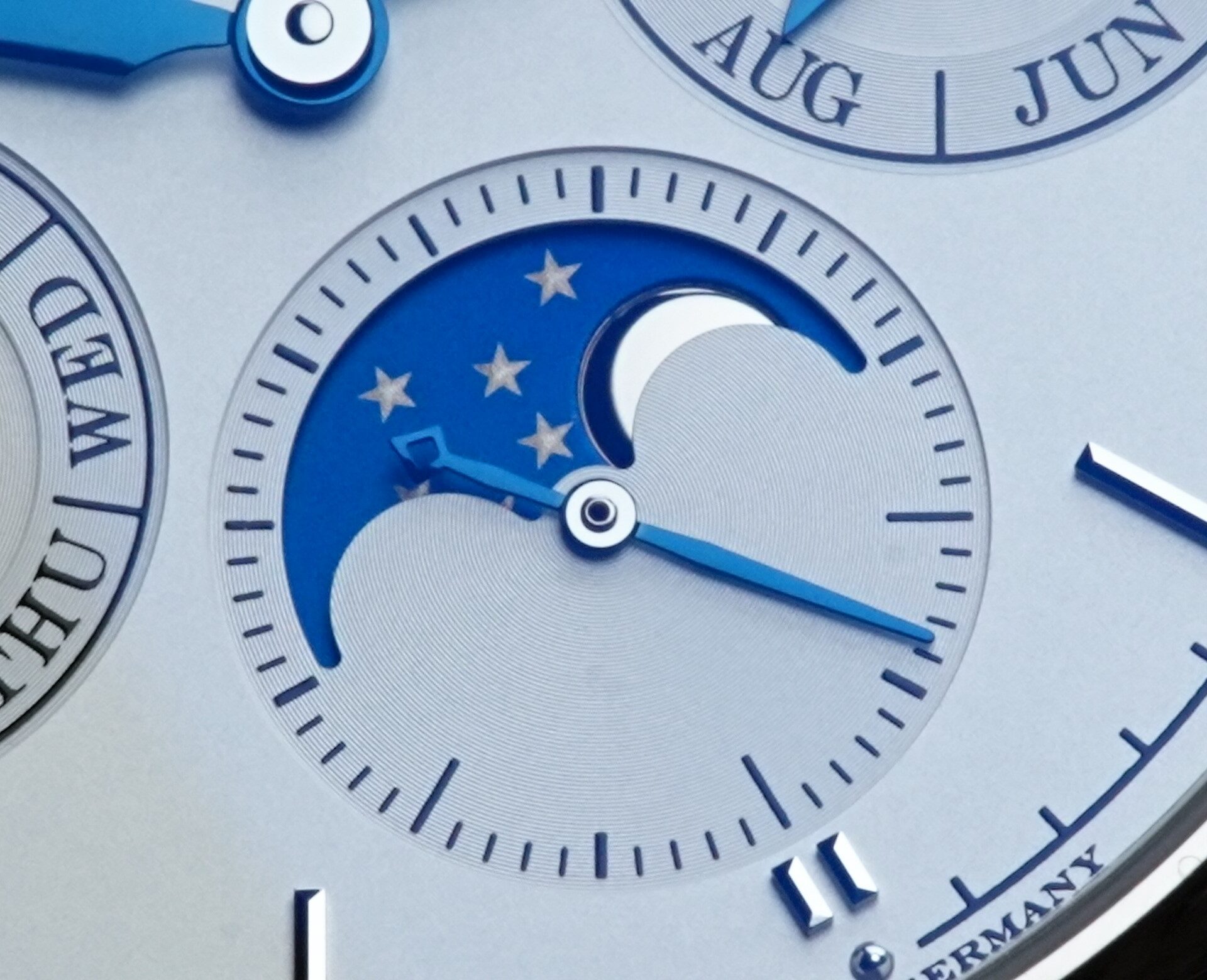 Zoomed in image of the moonphase on the dial of the A. Lange & Söhne Saxonia Annual Calendar watch.