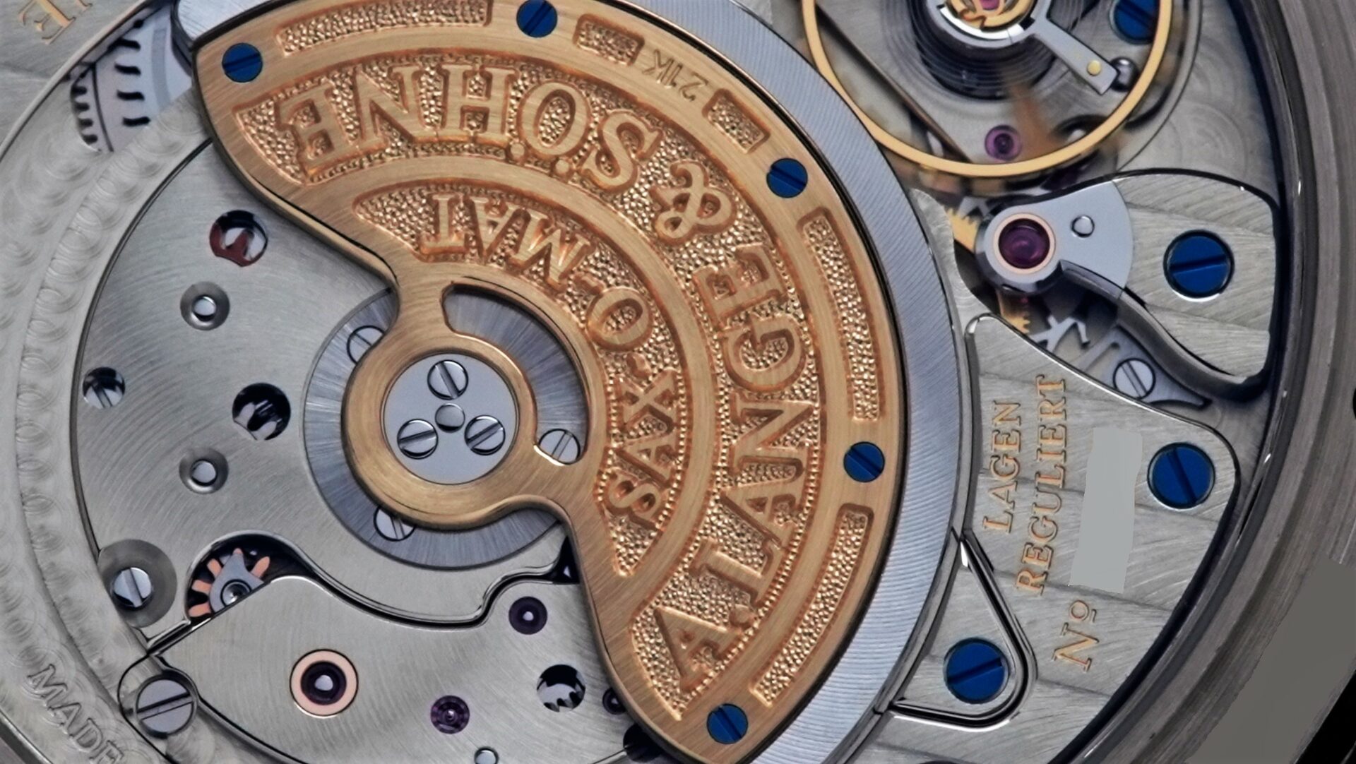 Zoomed in shot of the back side of the A. Lange & Söhne Saxonia Annual Calendar watch.