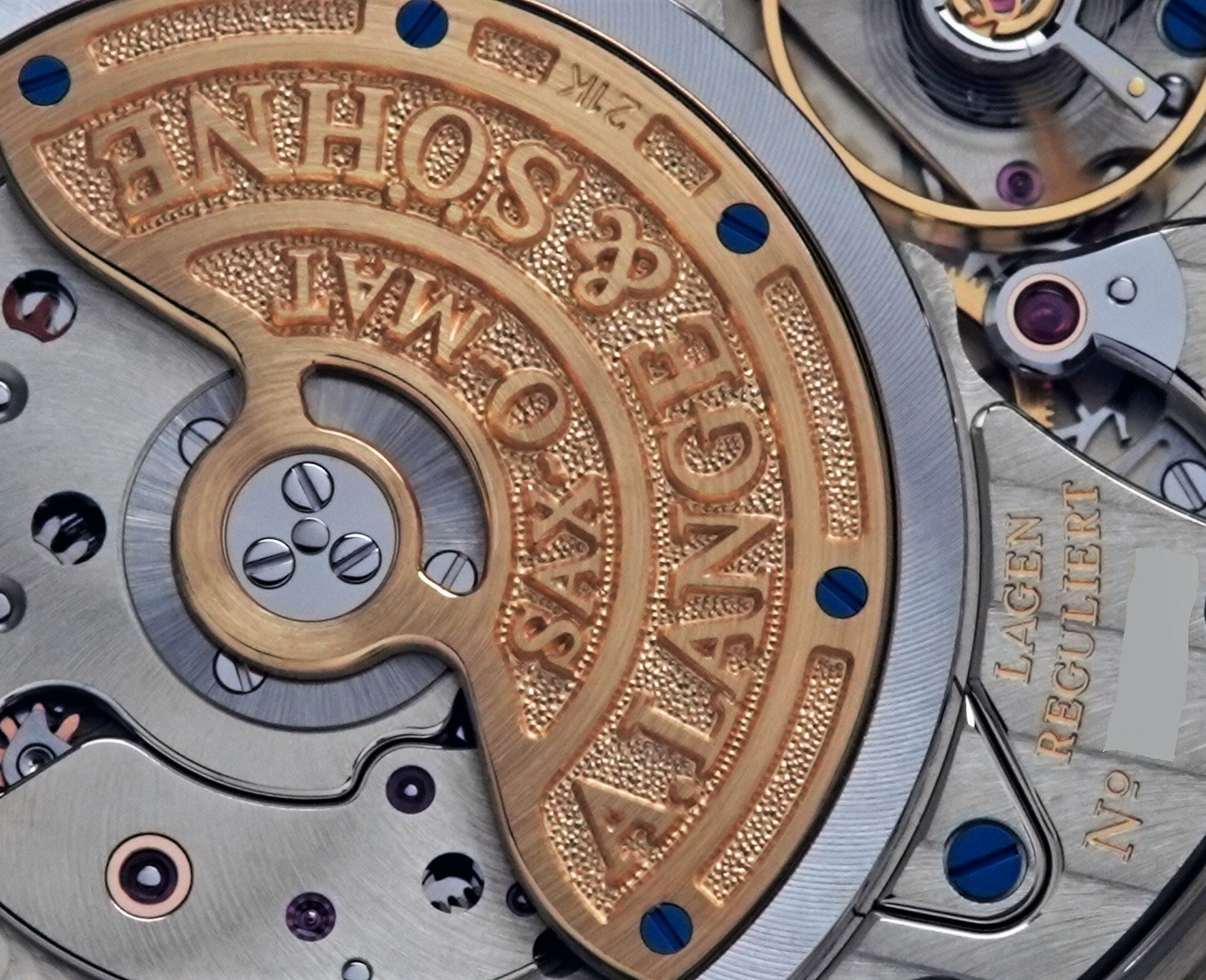Zoomed in shot of the back side of the A. Lange & Söhne Saxonia Annual Calendar watch.