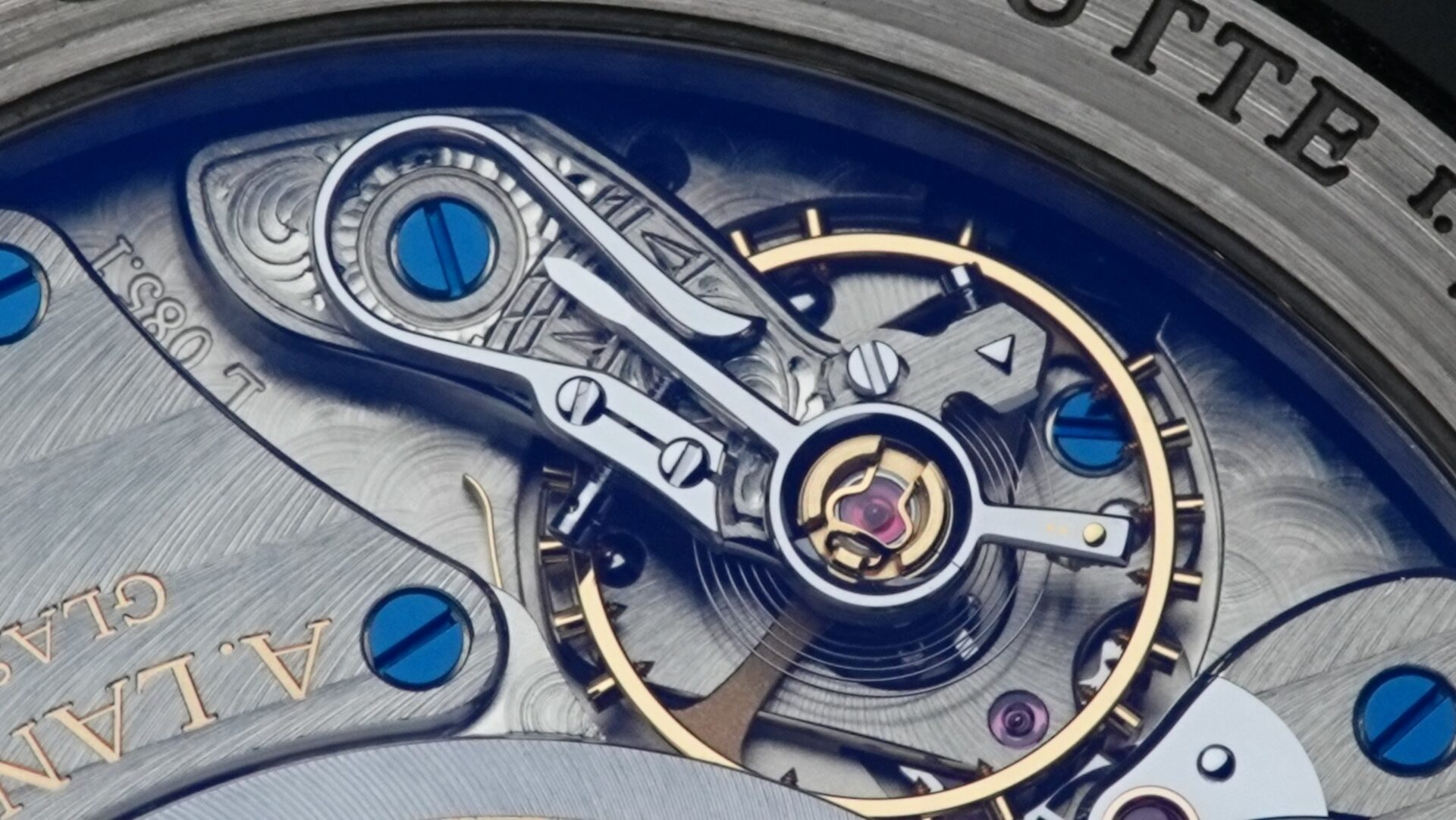 Close up image of the movement inside the A. Lange & Söhne Saxonia Annual Calendar watch.