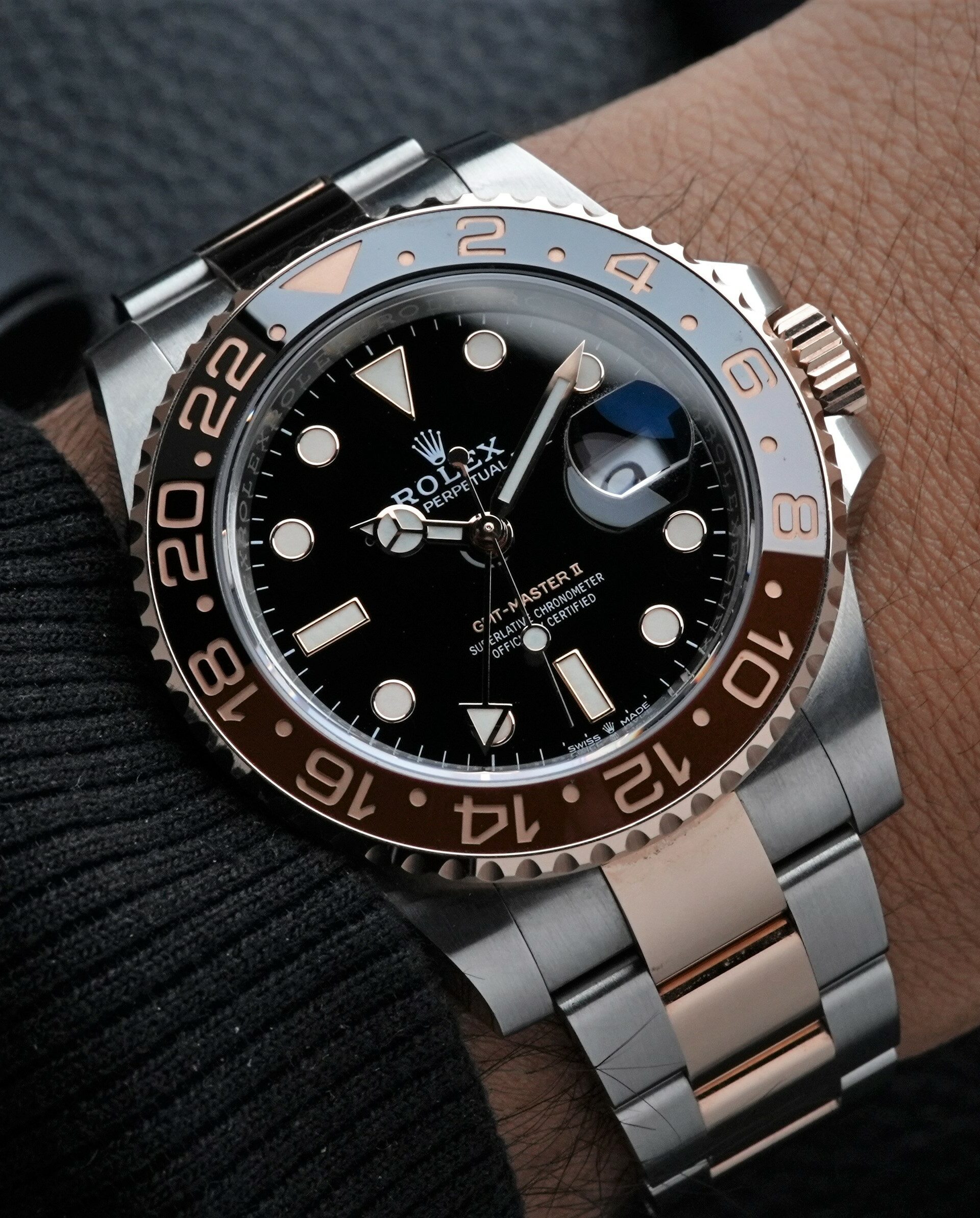 Rolex GMT-Master II Rootbeer Ceramic watch on the wrist.