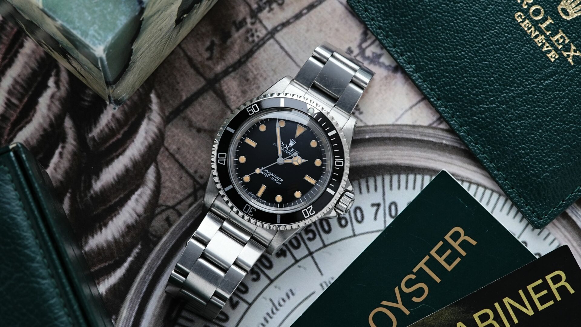 Rolex Submariner 5513 1979 Mark 3. Spider dial featured with unique background and original papers.
