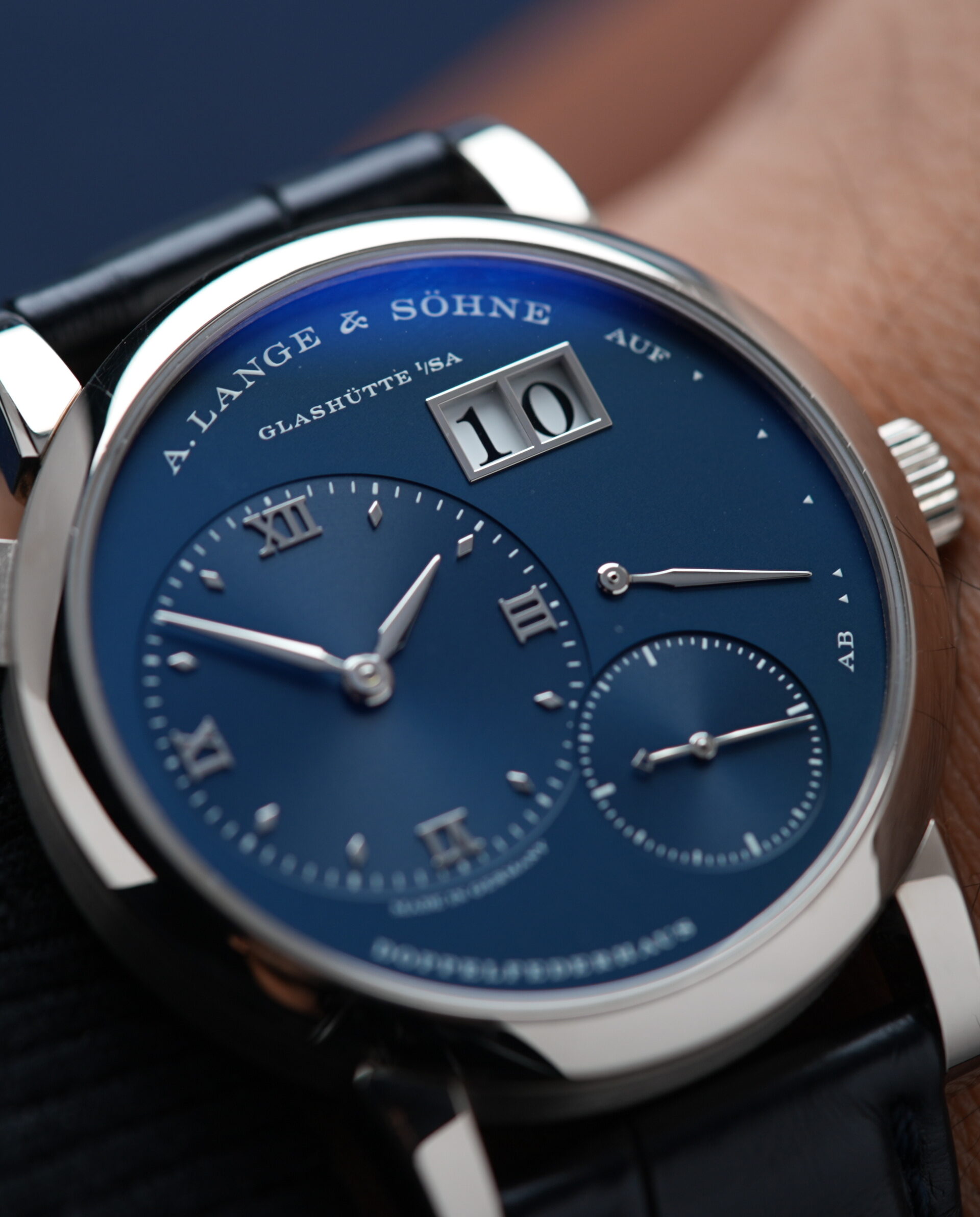 A. Lange & Söhne Lange 1 'Blue Series' 191.028 White Gold watch wrist shot.