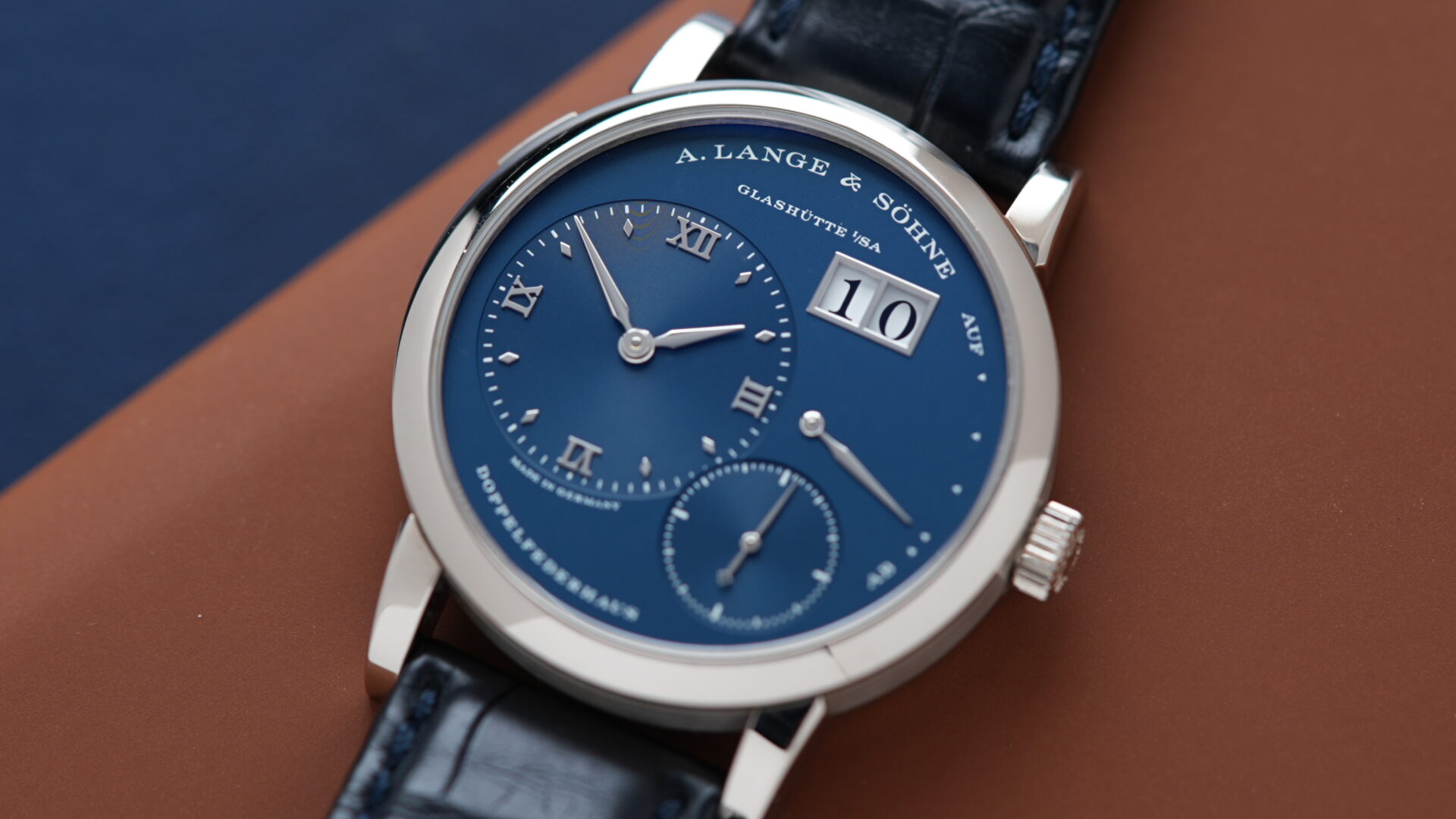 A. Lange & Söhne Lange 1 'Blue Series' 191.028 White Gold watch angled shot.