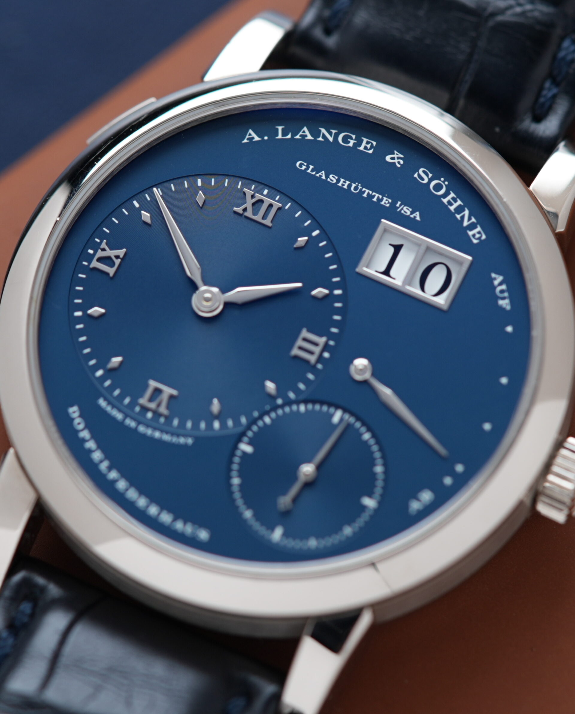 A. Lange & Söhne Lange 1 'Blue Series' 191.028 White Gold watch angled shot.