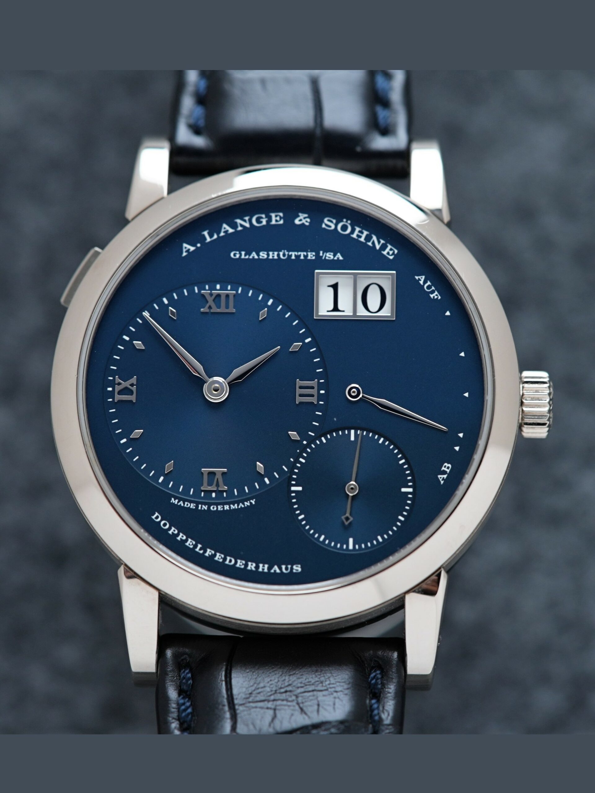 A. Lange & Söhne Lange 1 'Blue Series' 191.028 White Gold watch featured under white lighting.
