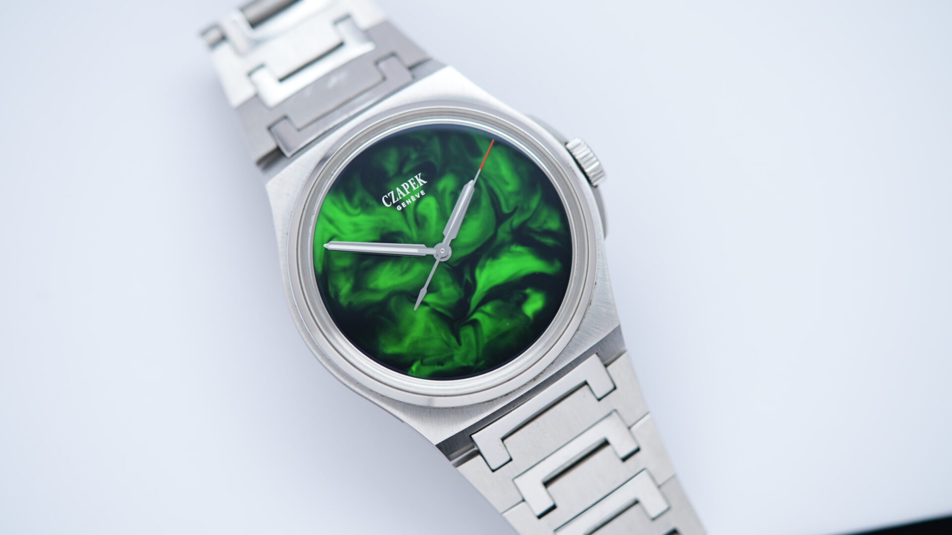 Czapek ANTARCTIQUE SPECIAL EDITION Emerald Iceberg Limited Edition watch featured under white lighting on an angle.