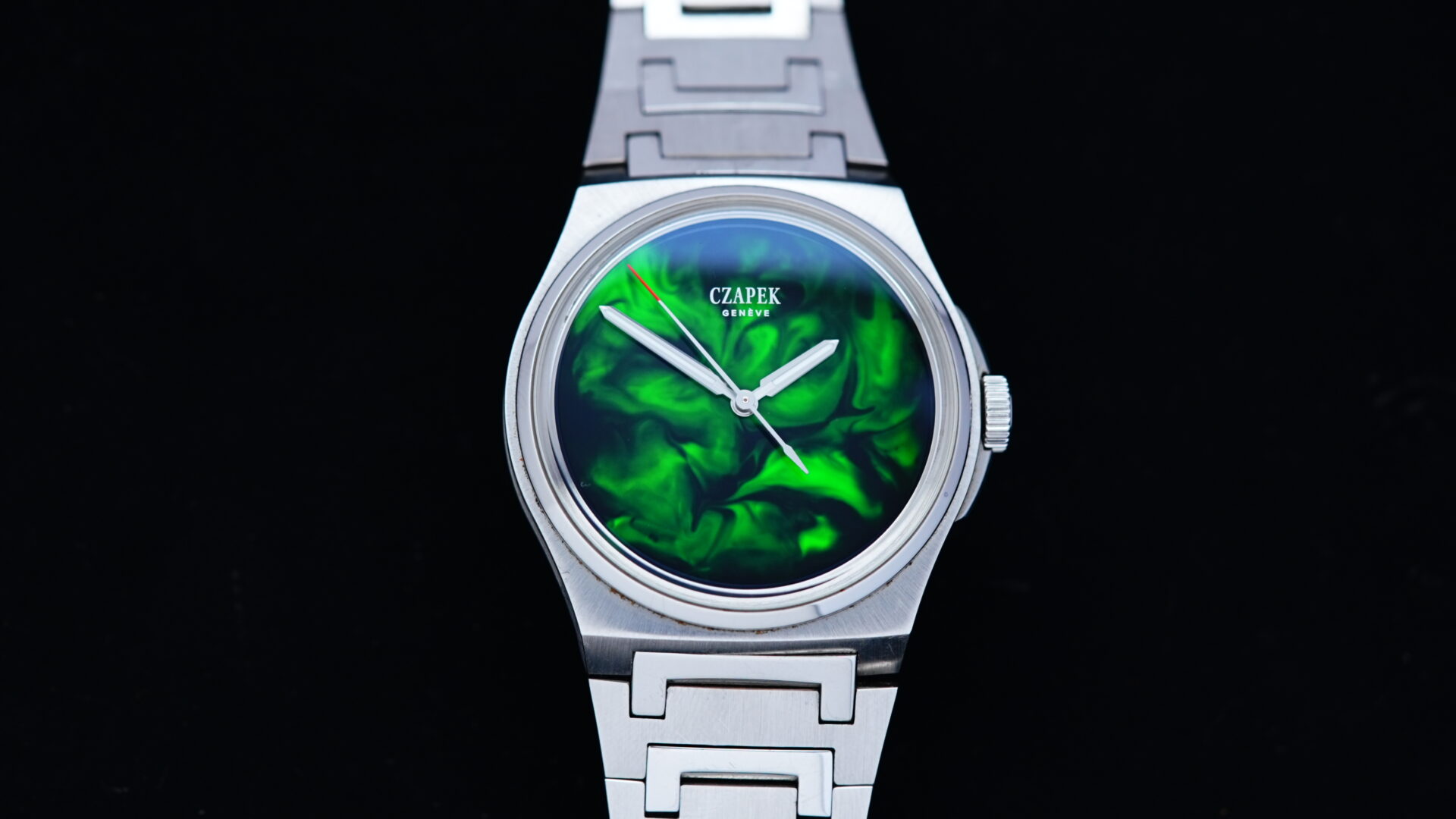 Czapek ANTARCTIQUE SPECIAL EDITION Emerald Iceberg Limited Edition watch featured under white lighting.