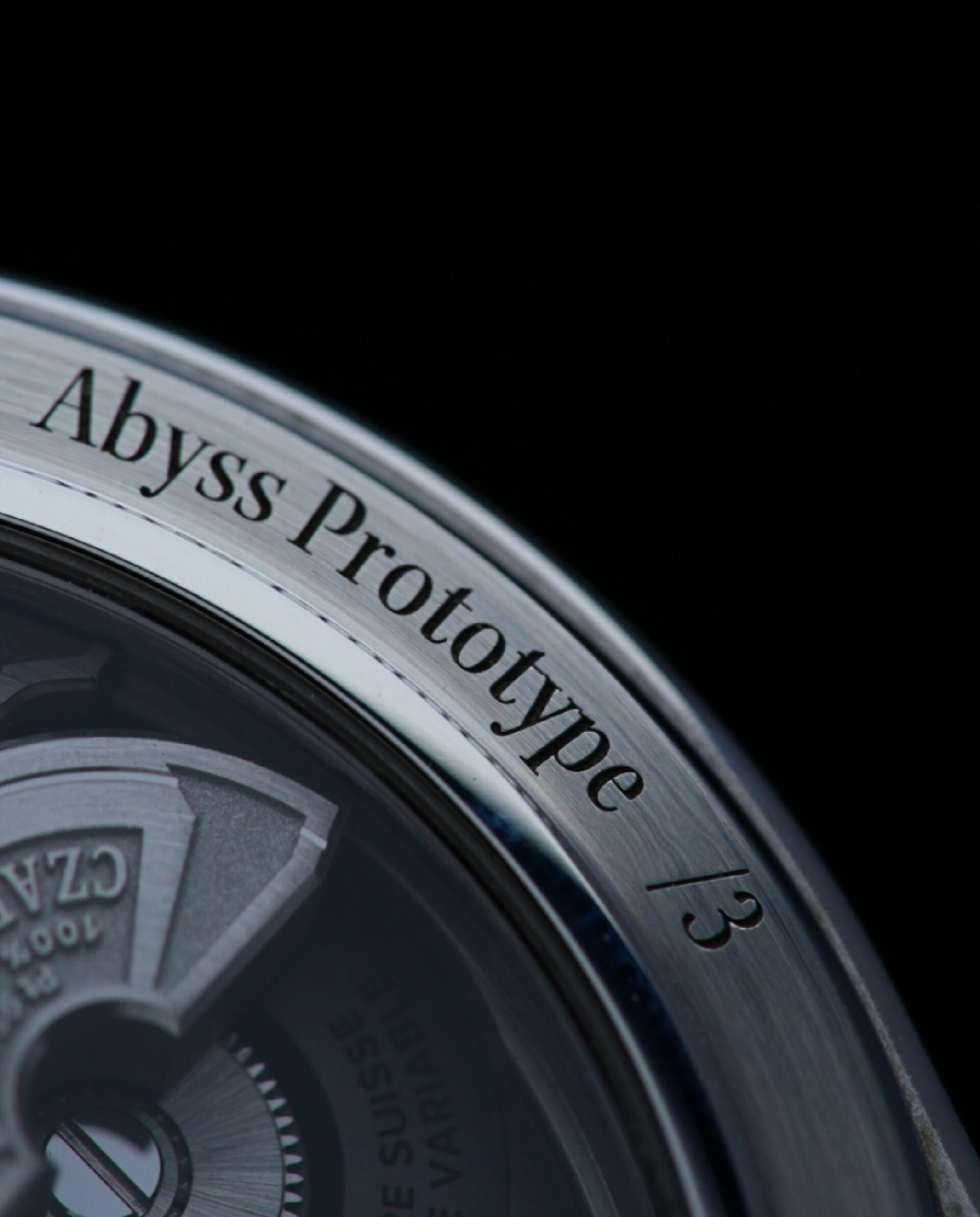 Back side of case of the Antarctique Abyss PROTOTYPE watch.