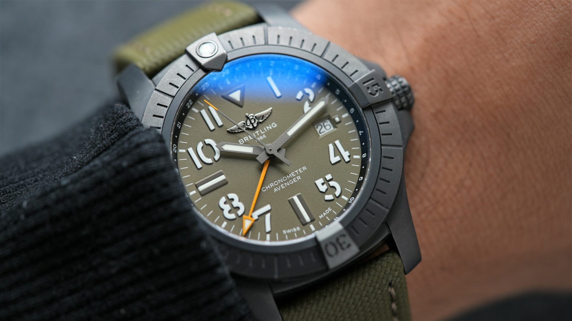 Breitling Avenger Automatic Gmt 45 Night Mission Limited V323952A1L1X1 wristwatch featured on the wrist.