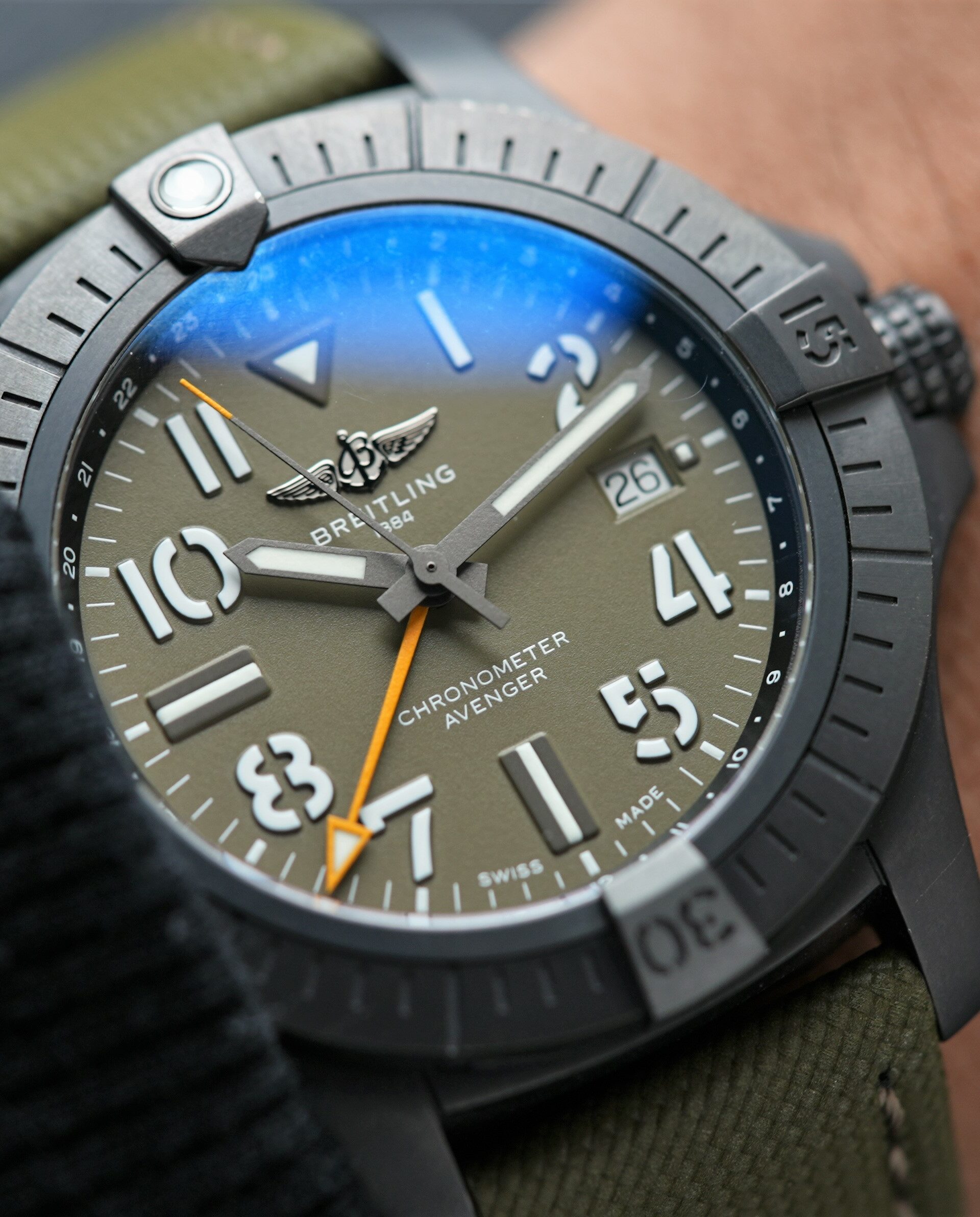 Breitling Avenger Automatic Gmt 45 Night Mission Limited V323952A1L1X1 wristwatch featured on the wrist.