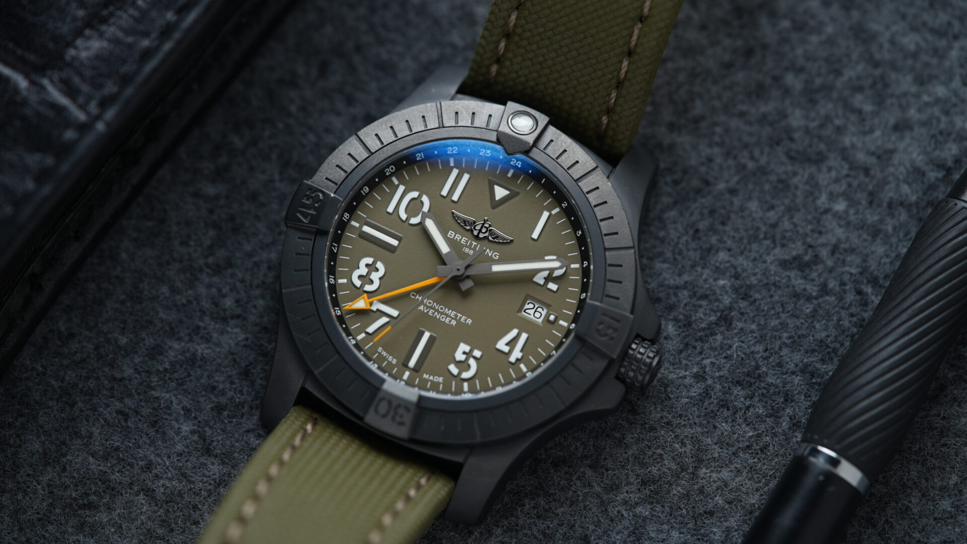 Breitling Avenger Automatic Gmt 45 Night Mission Limited V323952A1L1X1 wristwatch displayed on an angle.