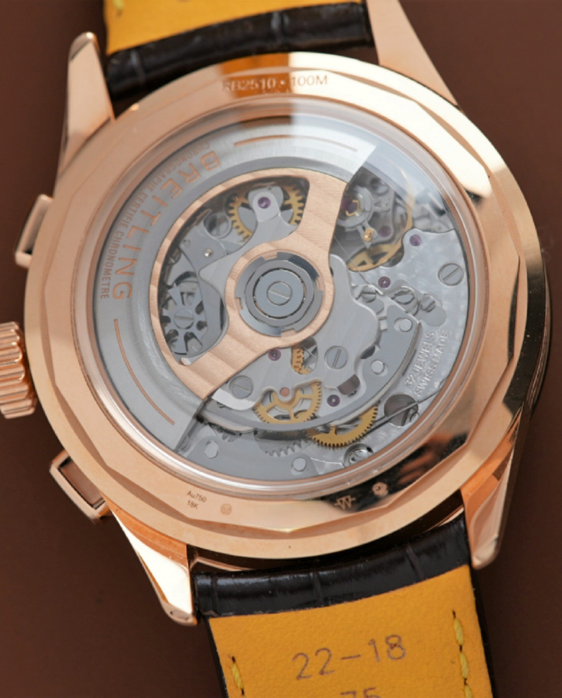 Open caseback on the Breitling Pluton Premier B25 Datora 42mm RB2510371G1P1 watch.