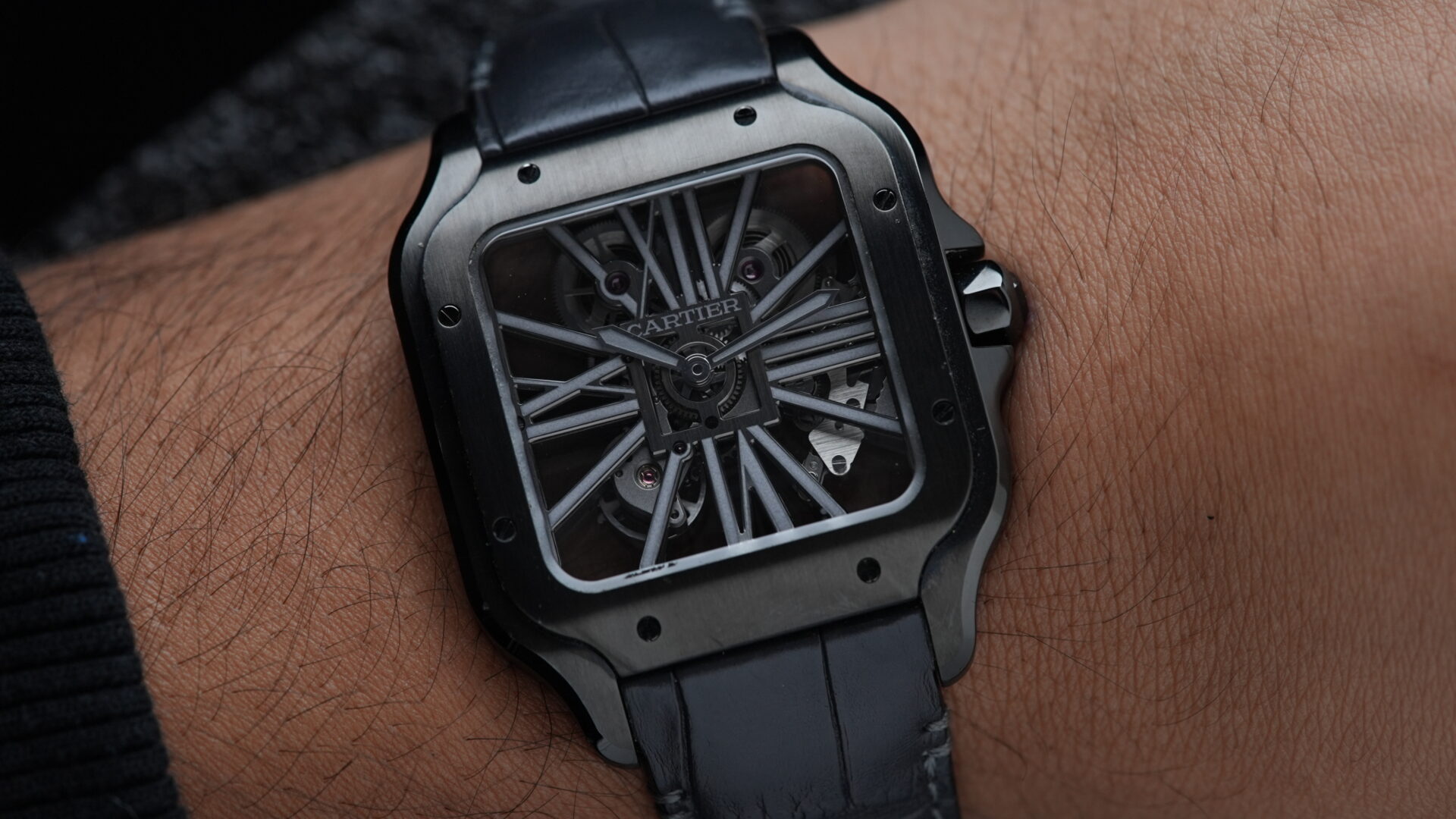 Cartier Santos De Cartier Skeleton 'Black Panther watch' featured on the wrist.